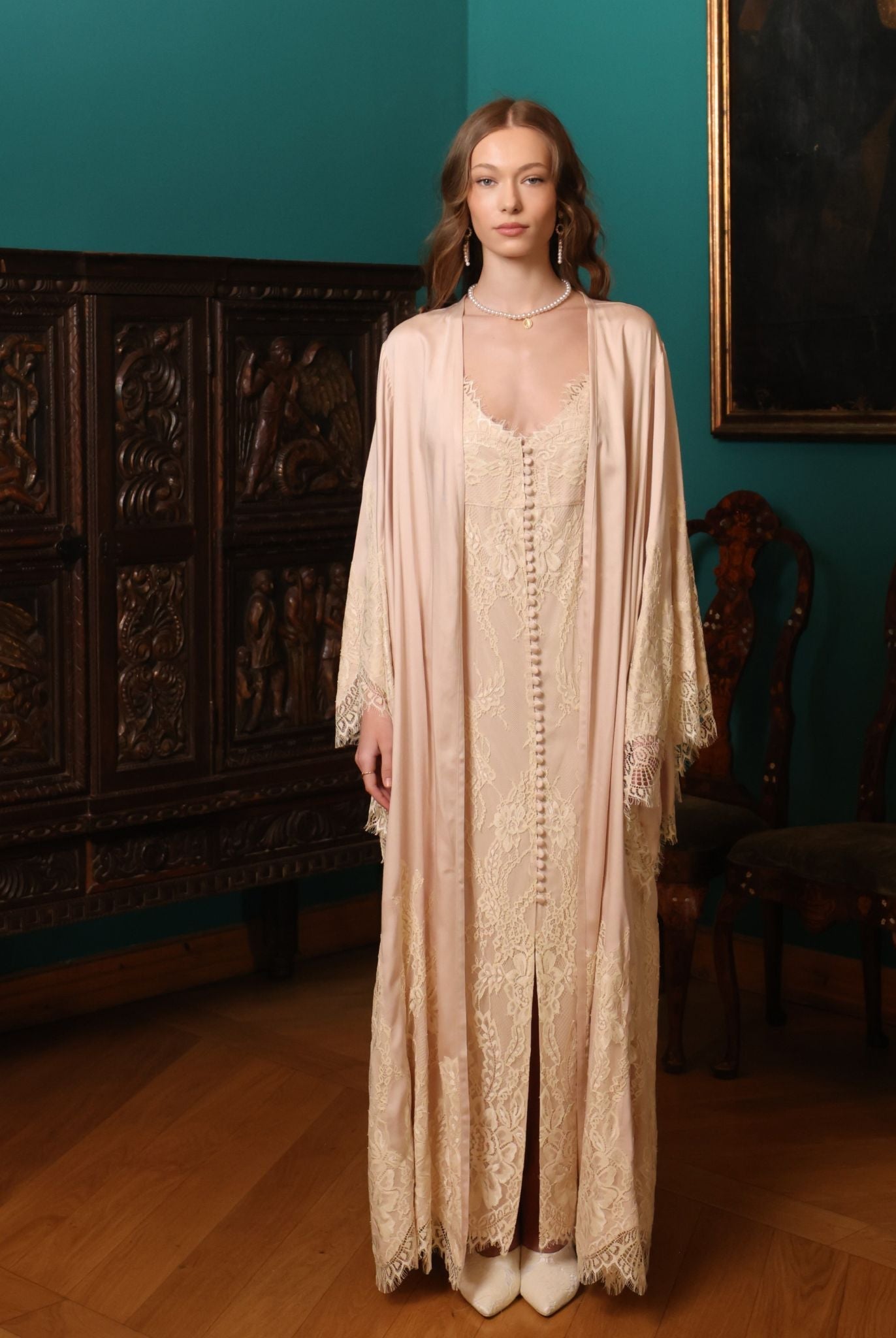 A poised frontal view of the ensemble, showcasing the timeless blend of comfort and refinement in soft rayon.