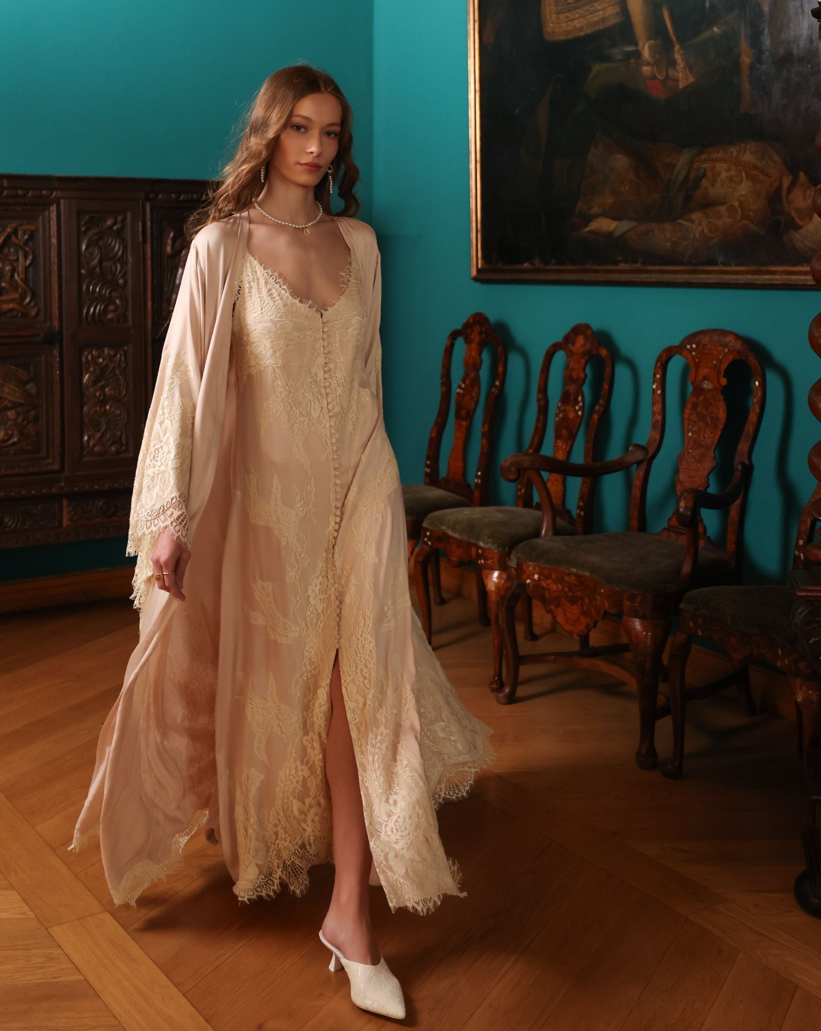 A dynamic motion shot of the Robe and Nightgown Set, capturing the graceful and romantic silhouette.