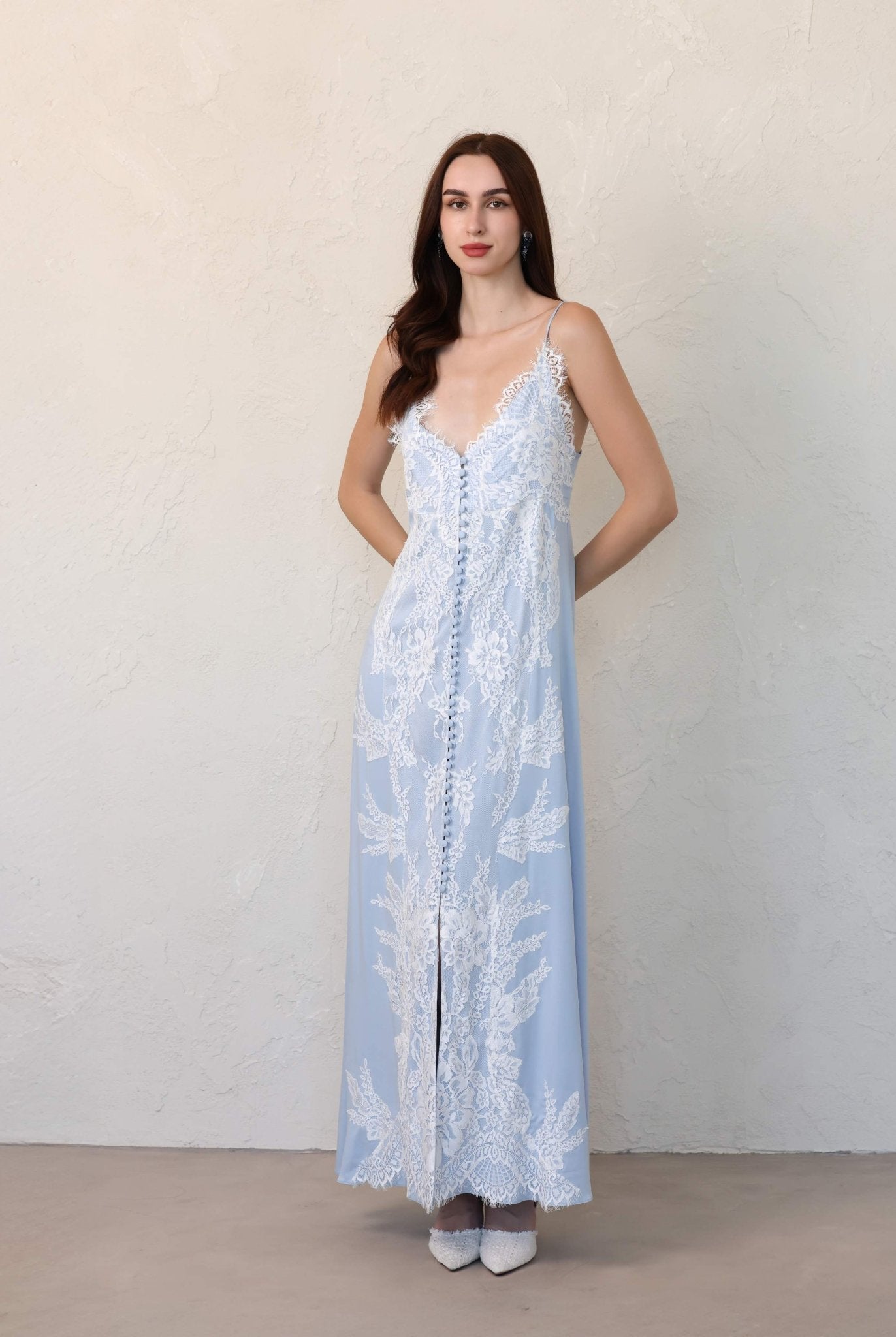 Light blue lace maternity set by Kafemme with soft drape and feminine silhouette
