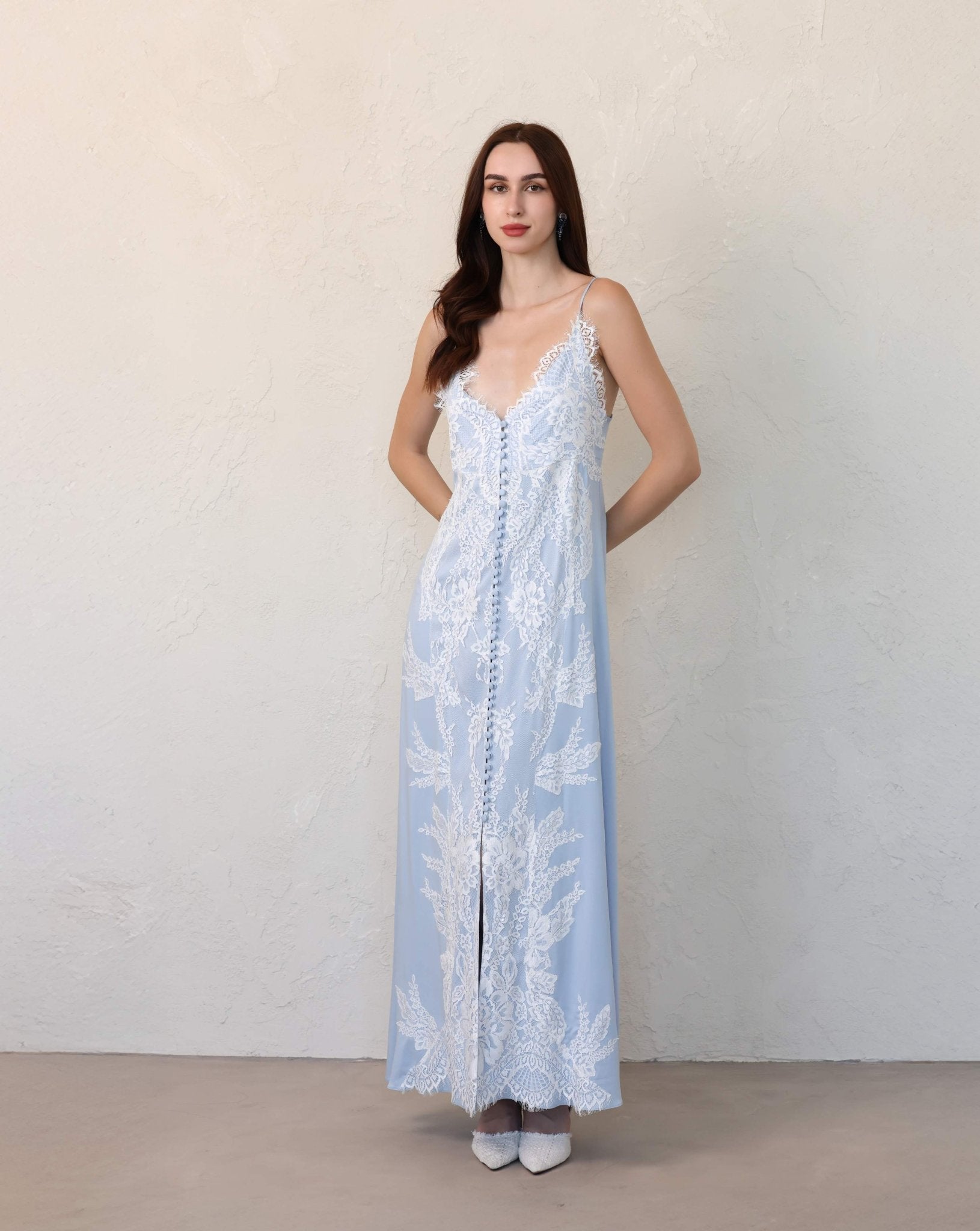 Light blue lace maternity set by Kafemme with soft drape and feminine silhouette