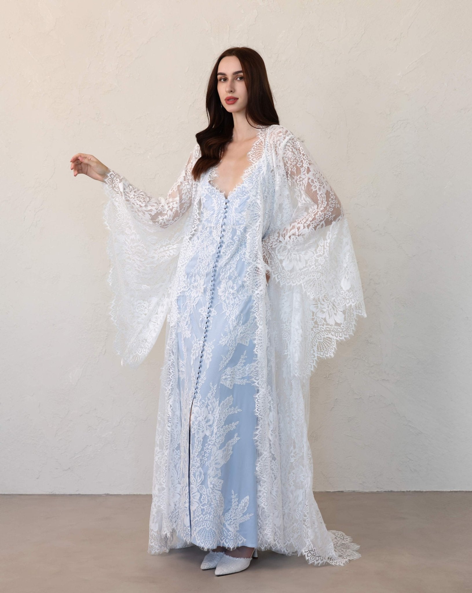 Feminine floral lace nightwear set by Kafemme, featuring bell sleeves and flattering cut