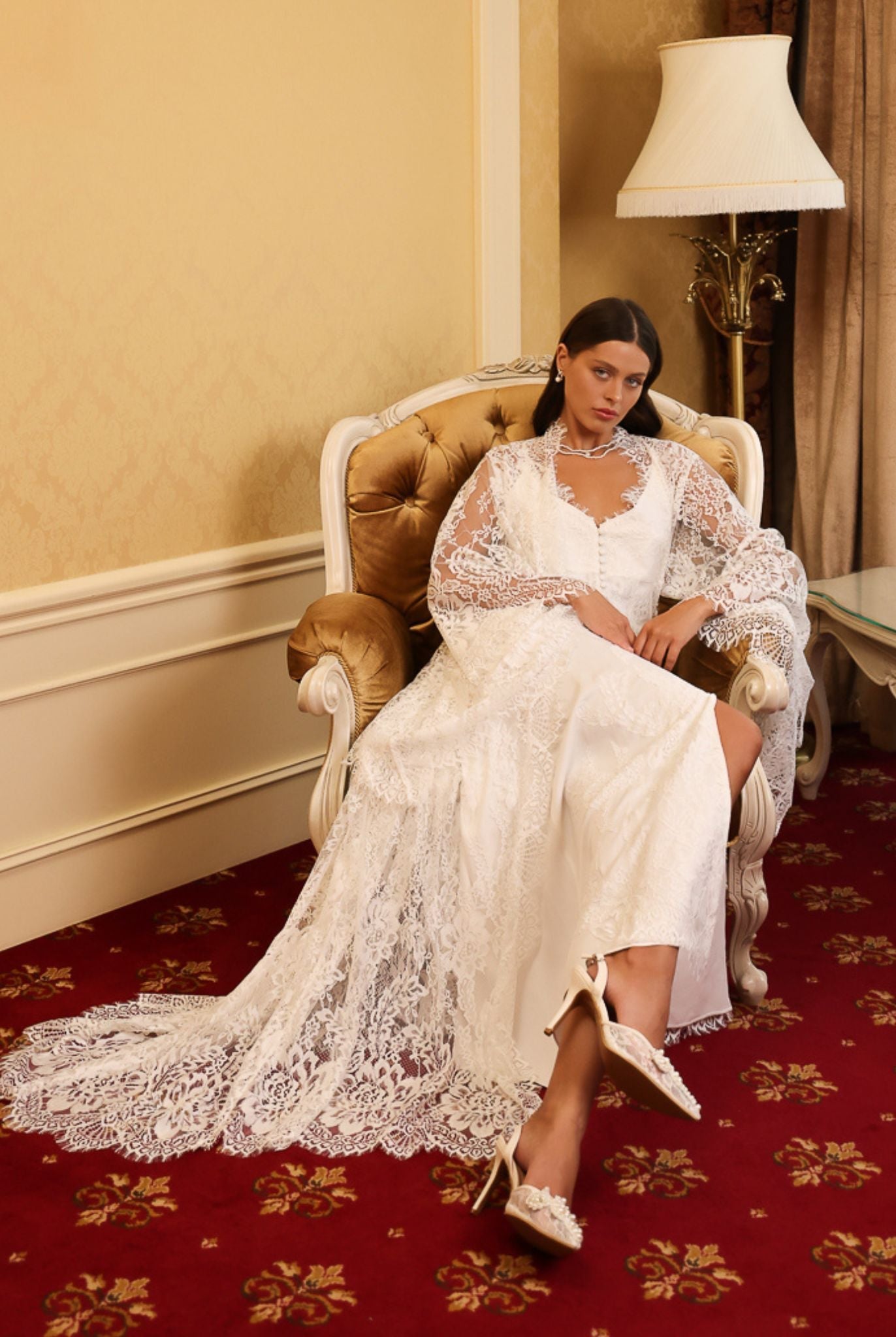 Romantic lace maternity nightwear by Kafemme, featuring a long train and delicate detailing
