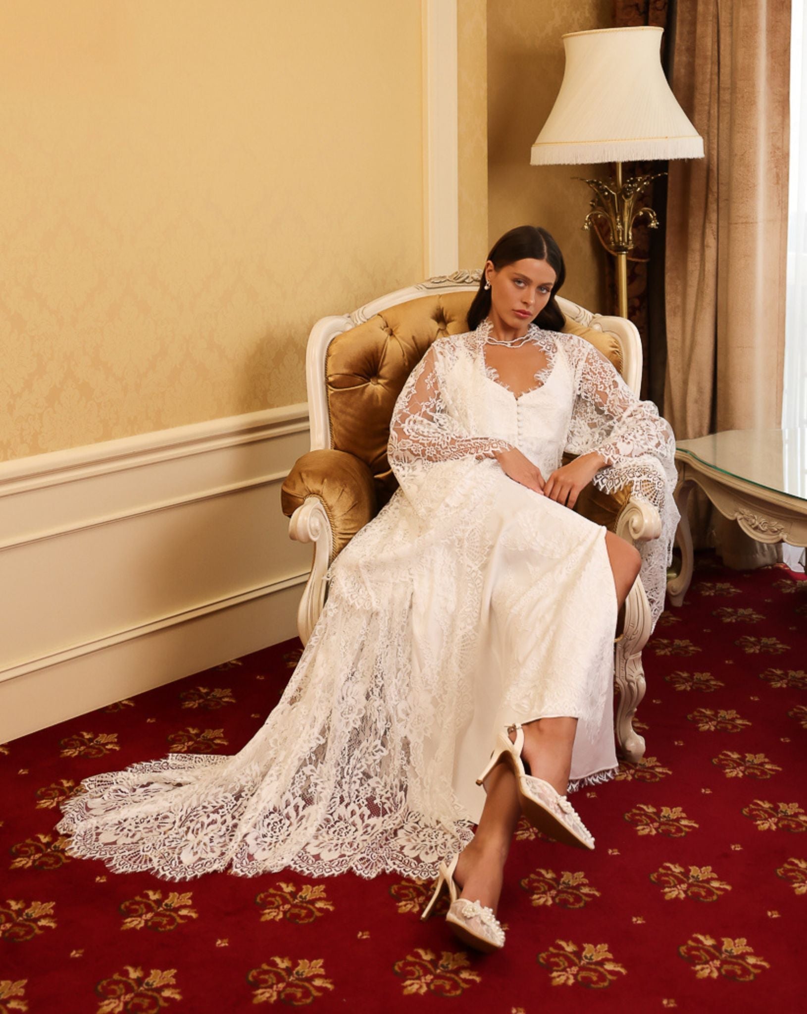 Romantic lace maternity nightwear by Kafemme, featuring a long train and delicate detailing