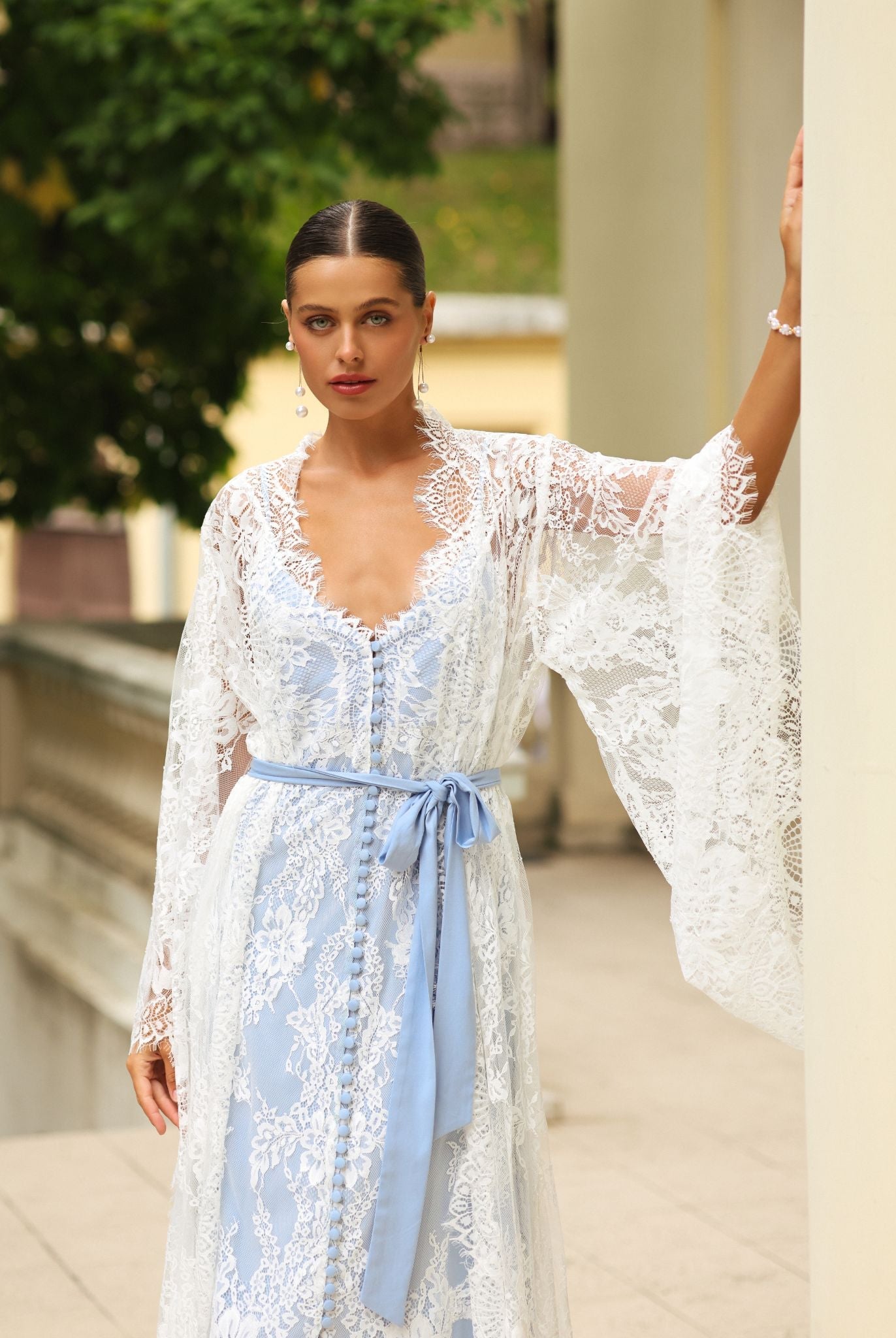Kafemme robe set in powder blue lace, styled with gentle volume and soft curls