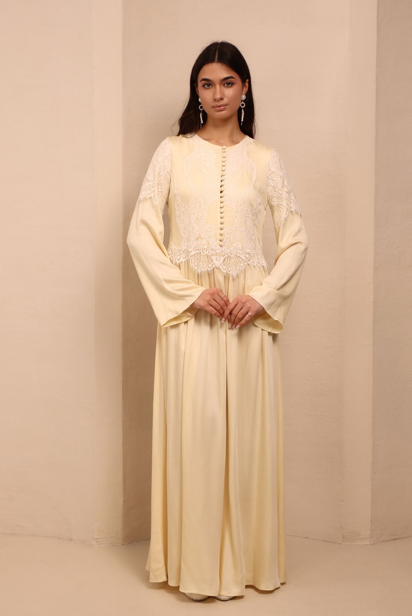 Frontal view of the high-neck nightgown with long sleeves, designed for women seeking full coverage and elegance.