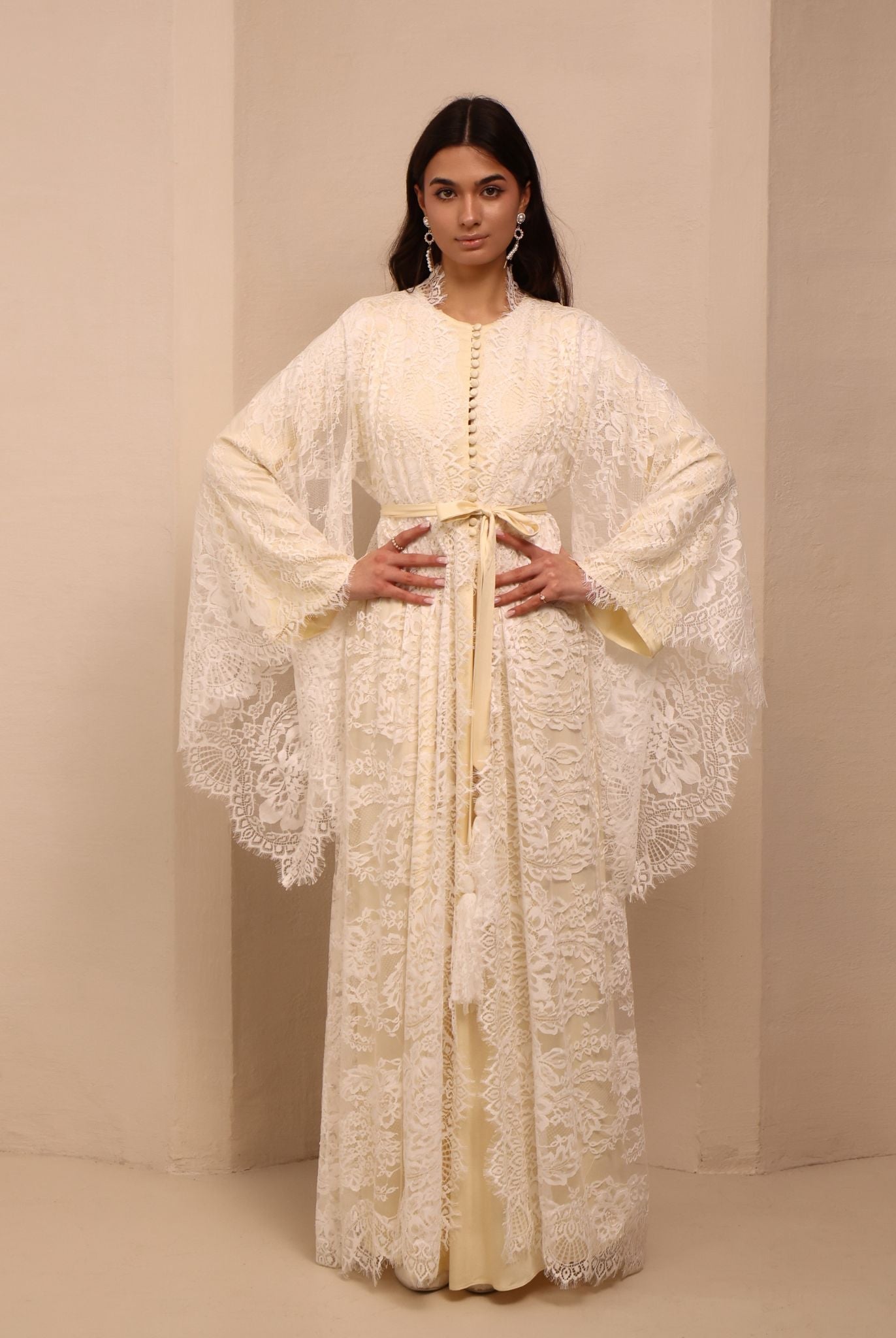 A static shot of the Robe and Nightgown Set tied at the waist, illustrating a vision of grace and soft presence.