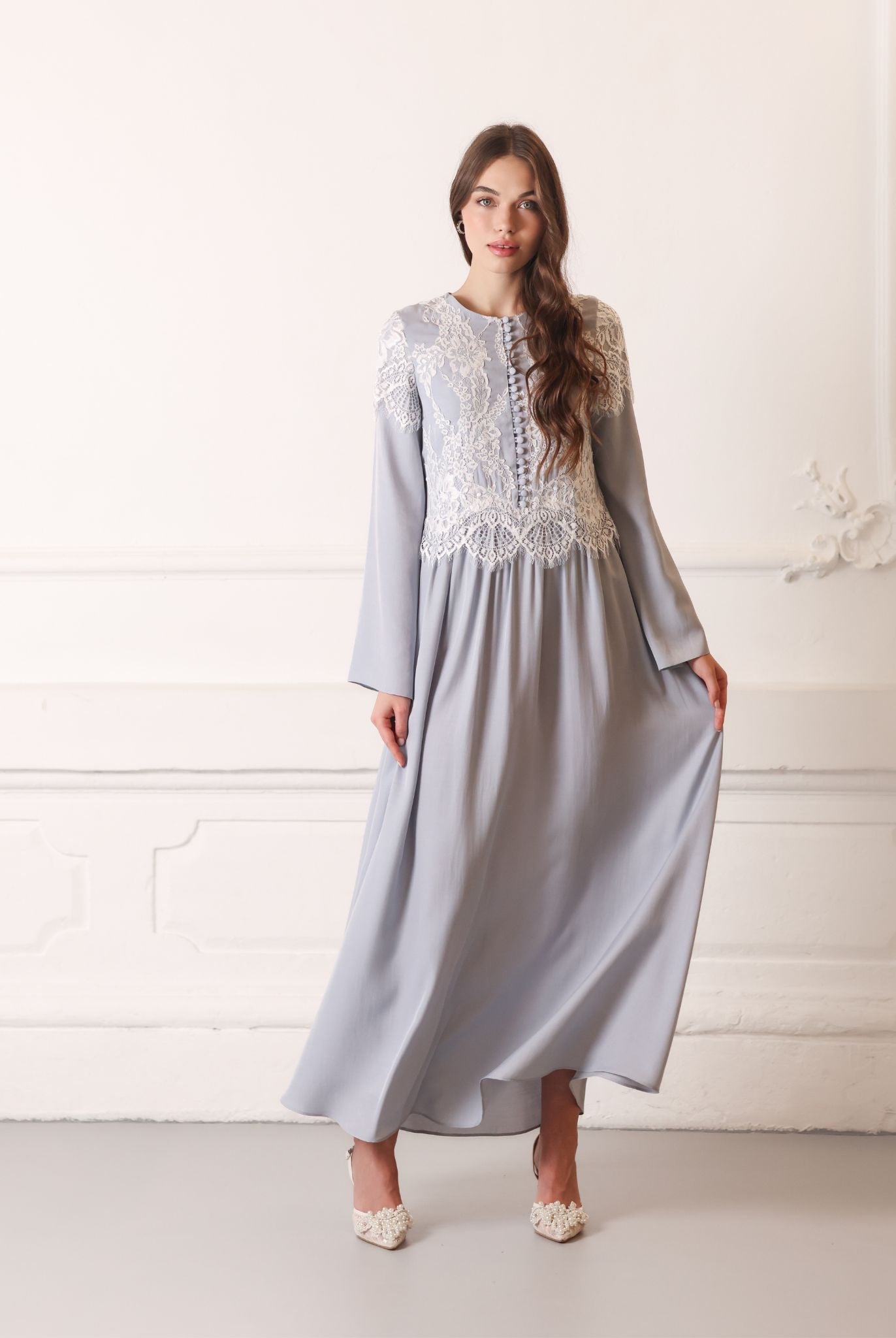 Flowing nightgown in motion, highlighting the soft viscose fabric and modest, airy silhouette.