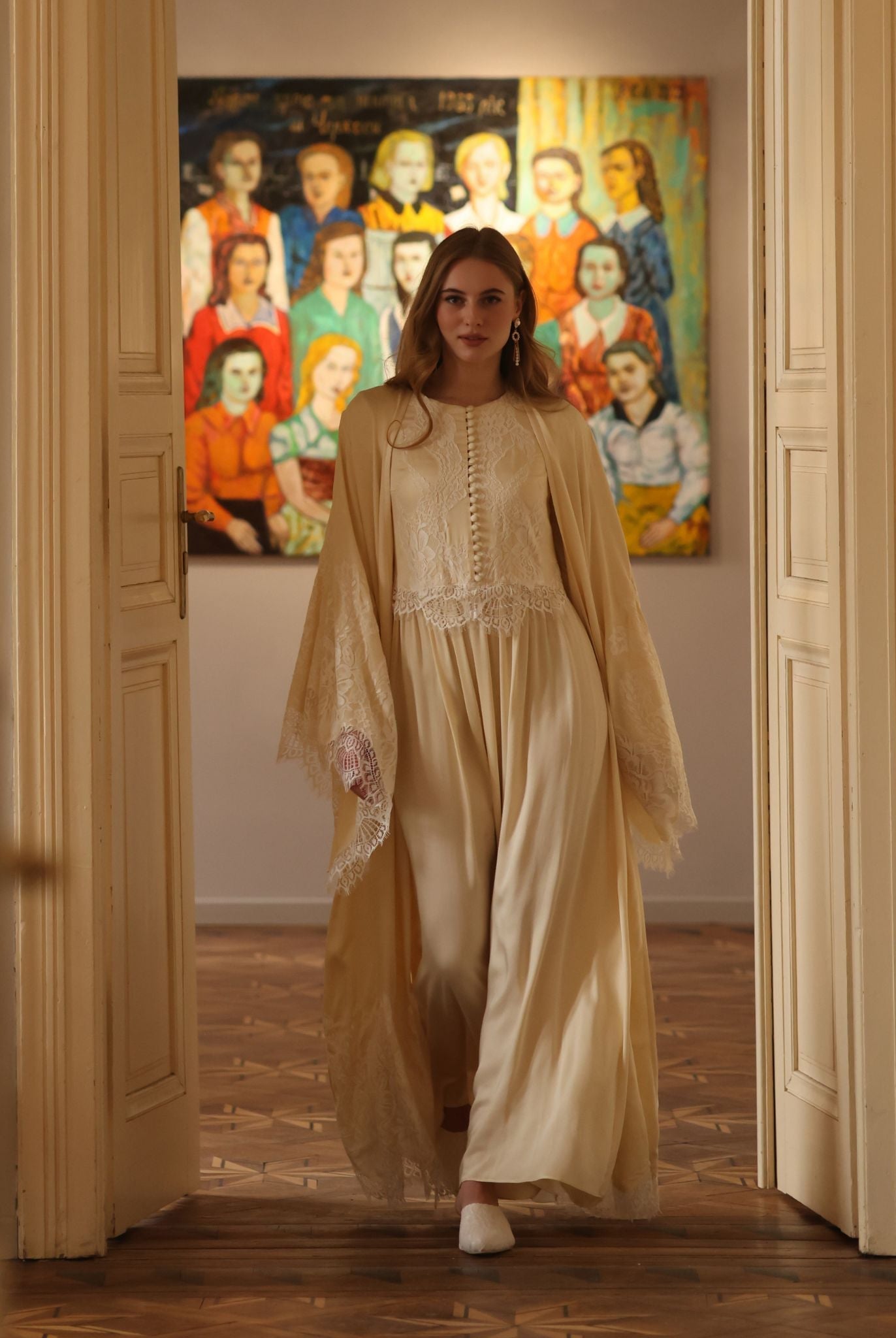 A full-length view of the Robe and Nightgown Set in motion, capturing the graceful flow of the light viscose.