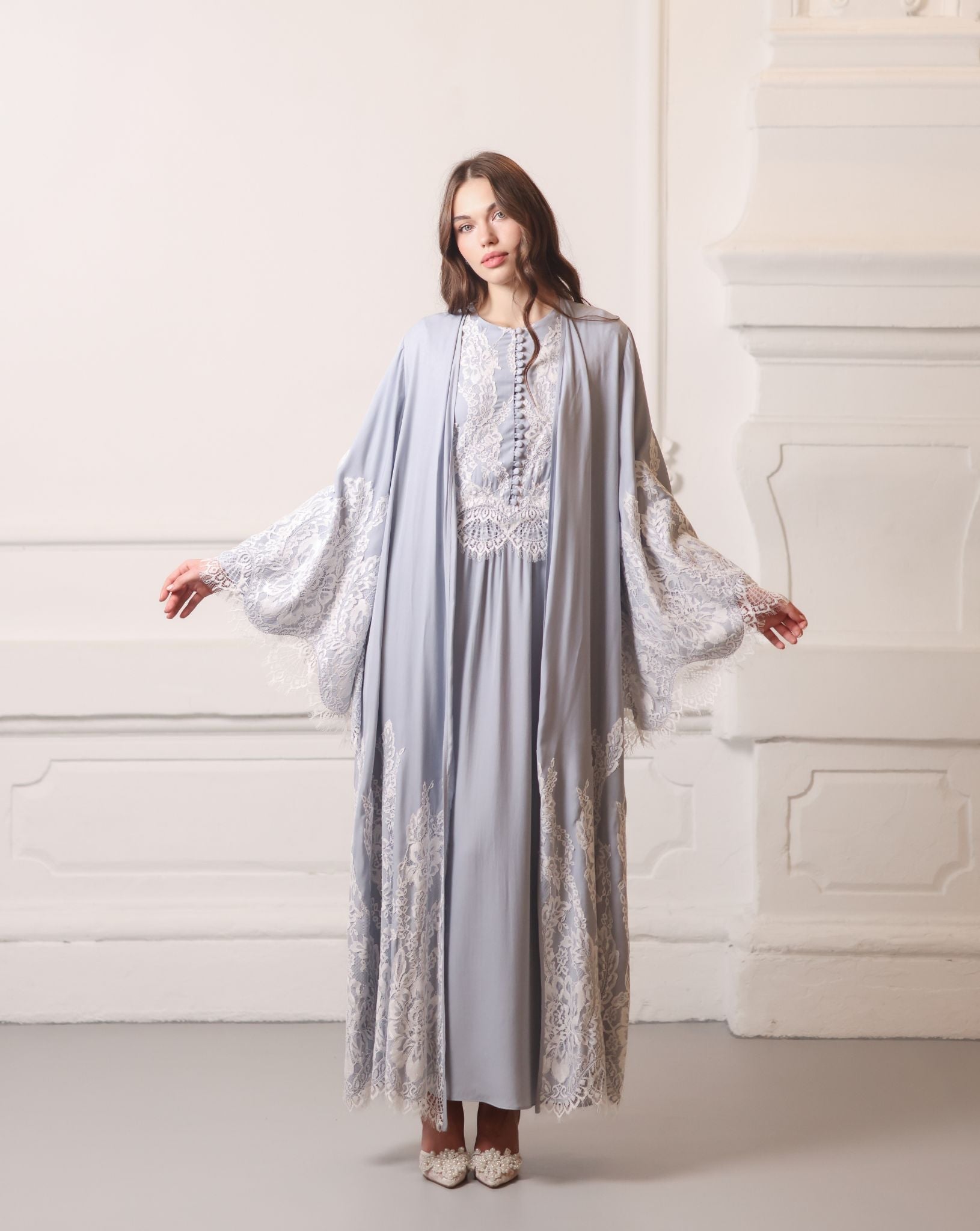 Modest ensemble featuring a wide-sleeved robe layered over a long-sleeved nightdress with lace accents.