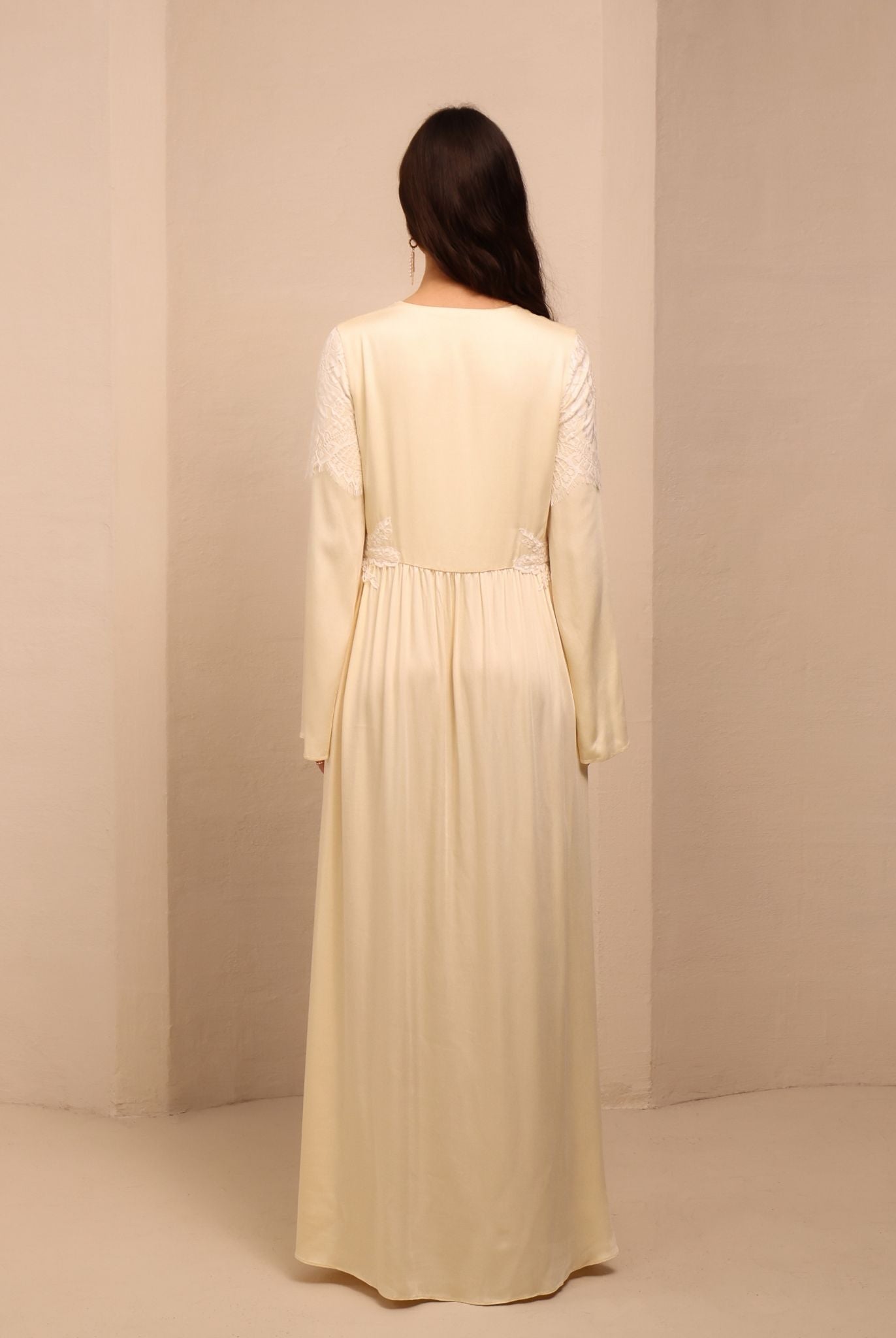 Rear view of the Robe and Nightgown Set dress, showcasing the gentle drape of light viscose on the body.