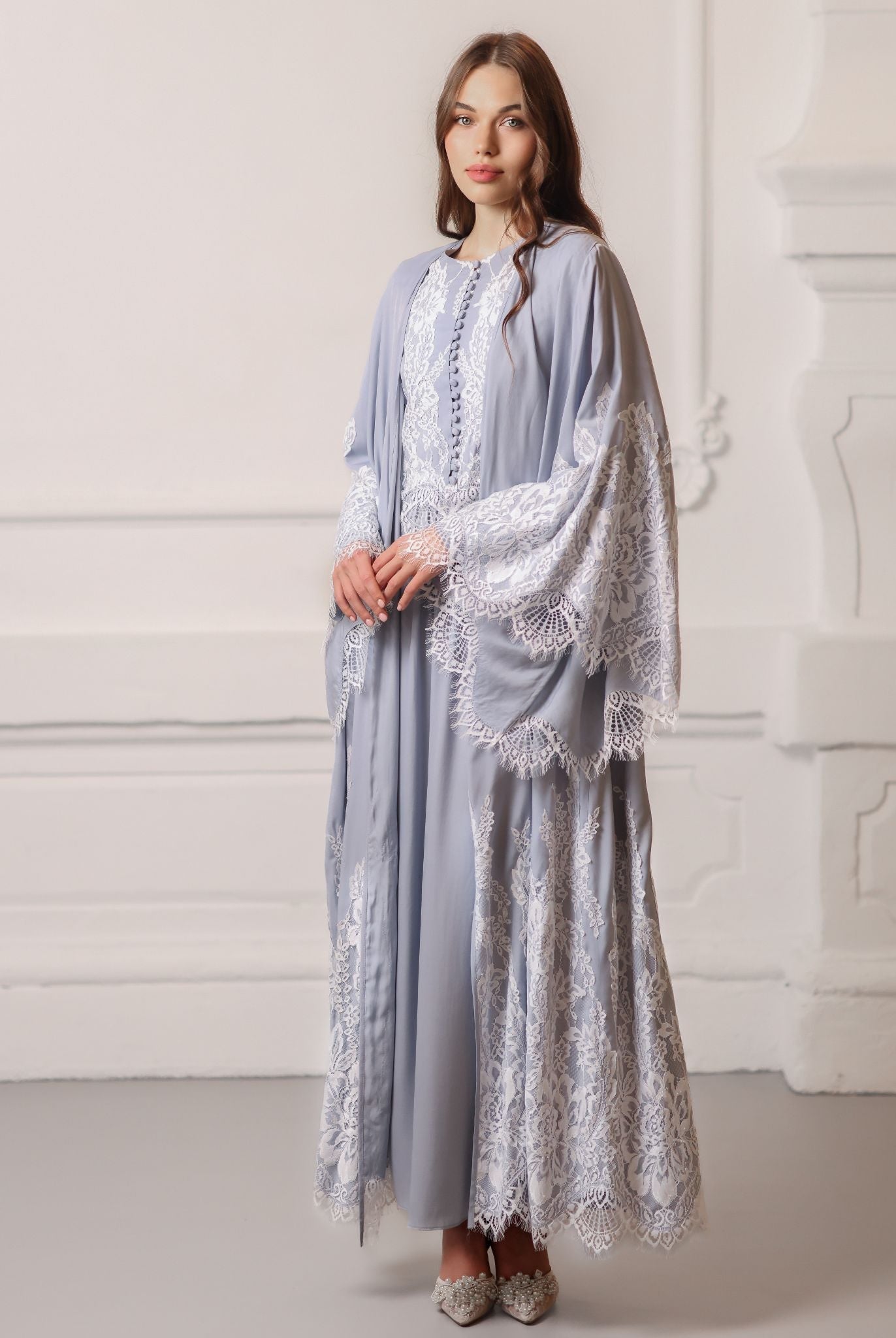 Full view of the Robe and Nightgown Set, combining a floor-length robe with a modest matching gown.