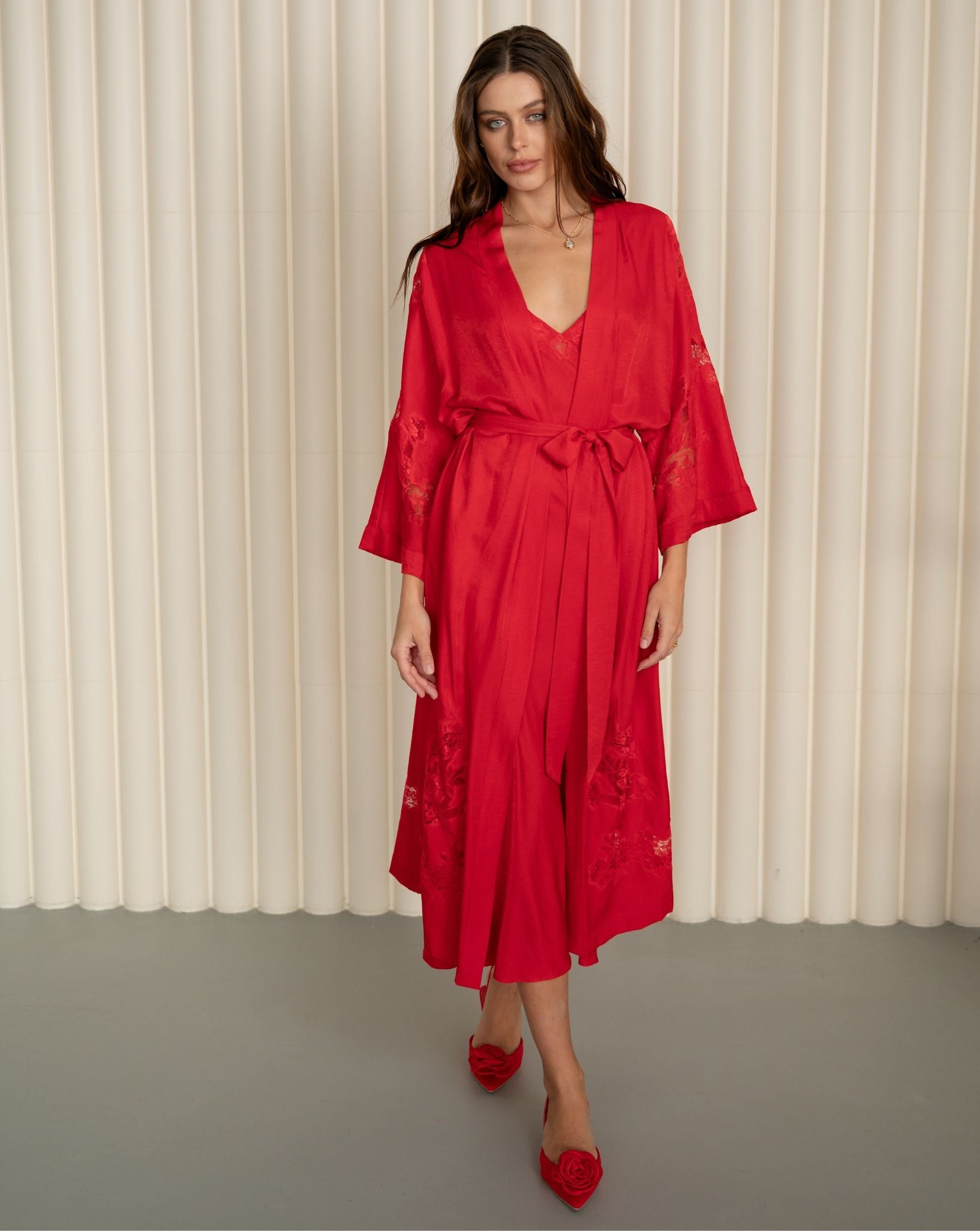 Dynamic shot of the belted viscose ensemble, showcasing the sophisticated style and soft comfort during movement.