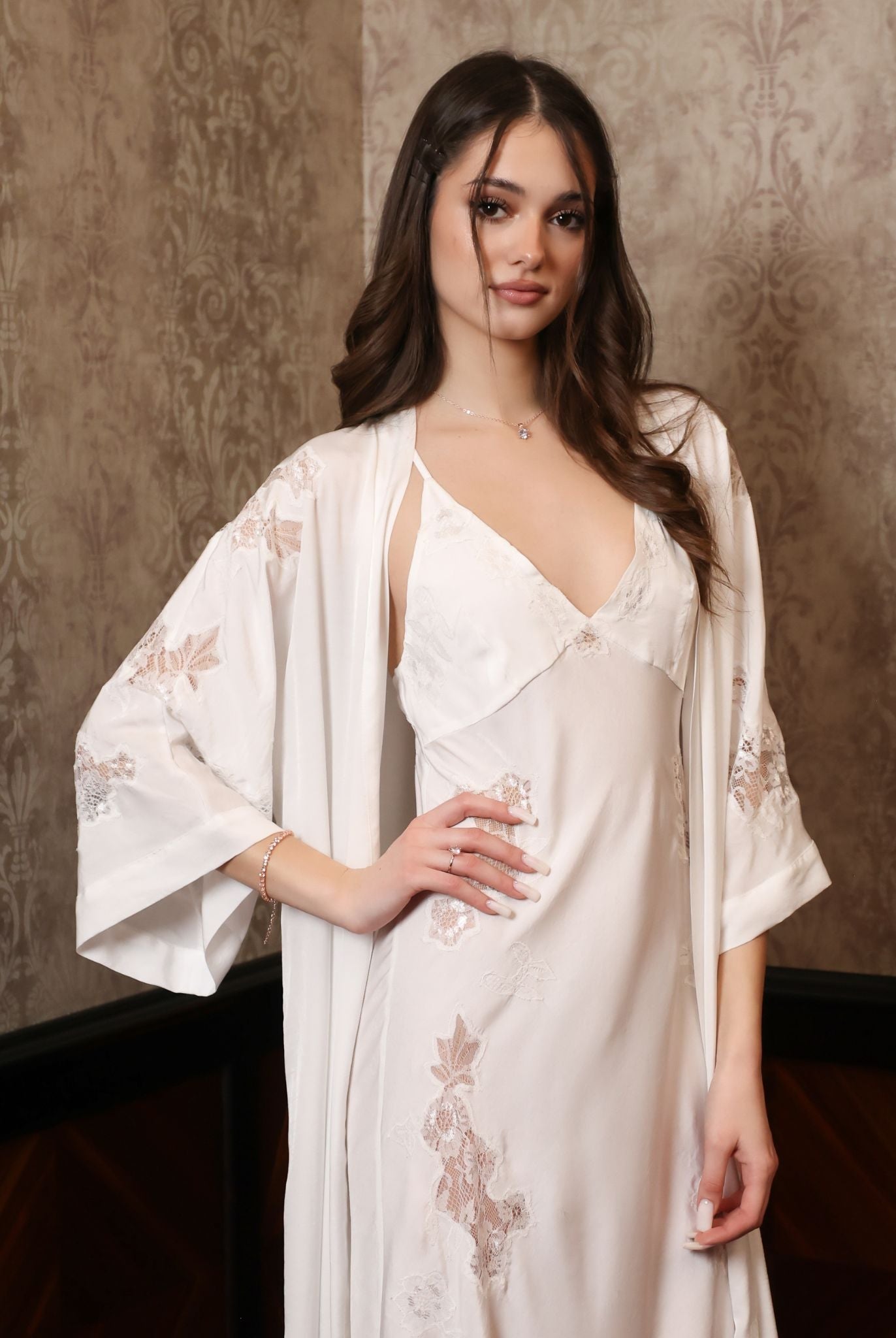 Mid-length shot of the layered ensemble, illustrating the fusion of comfort and dramatic elegance.