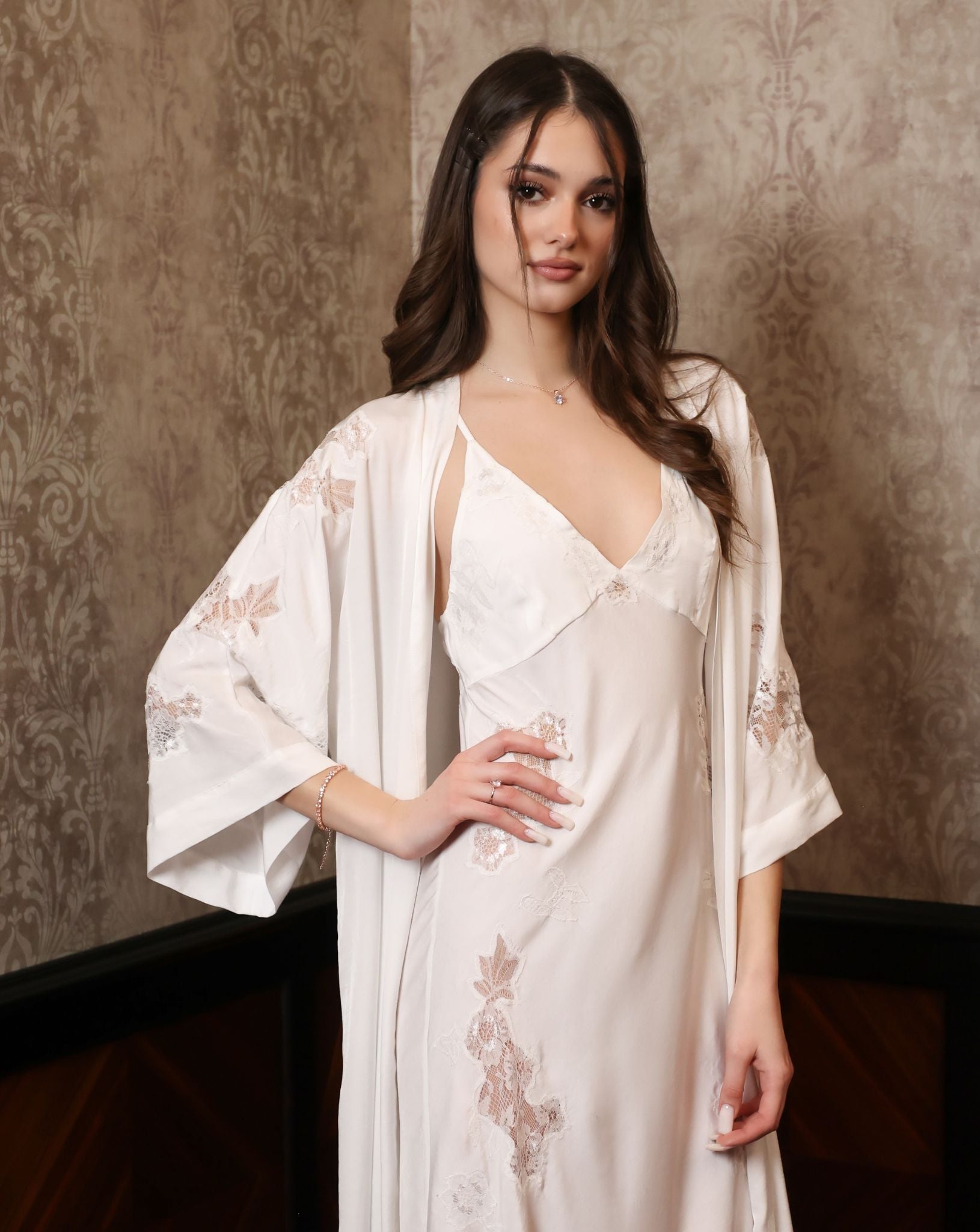 Mid-length shot of the layered ensemble, illustrating the fusion of comfort and dramatic elegance.