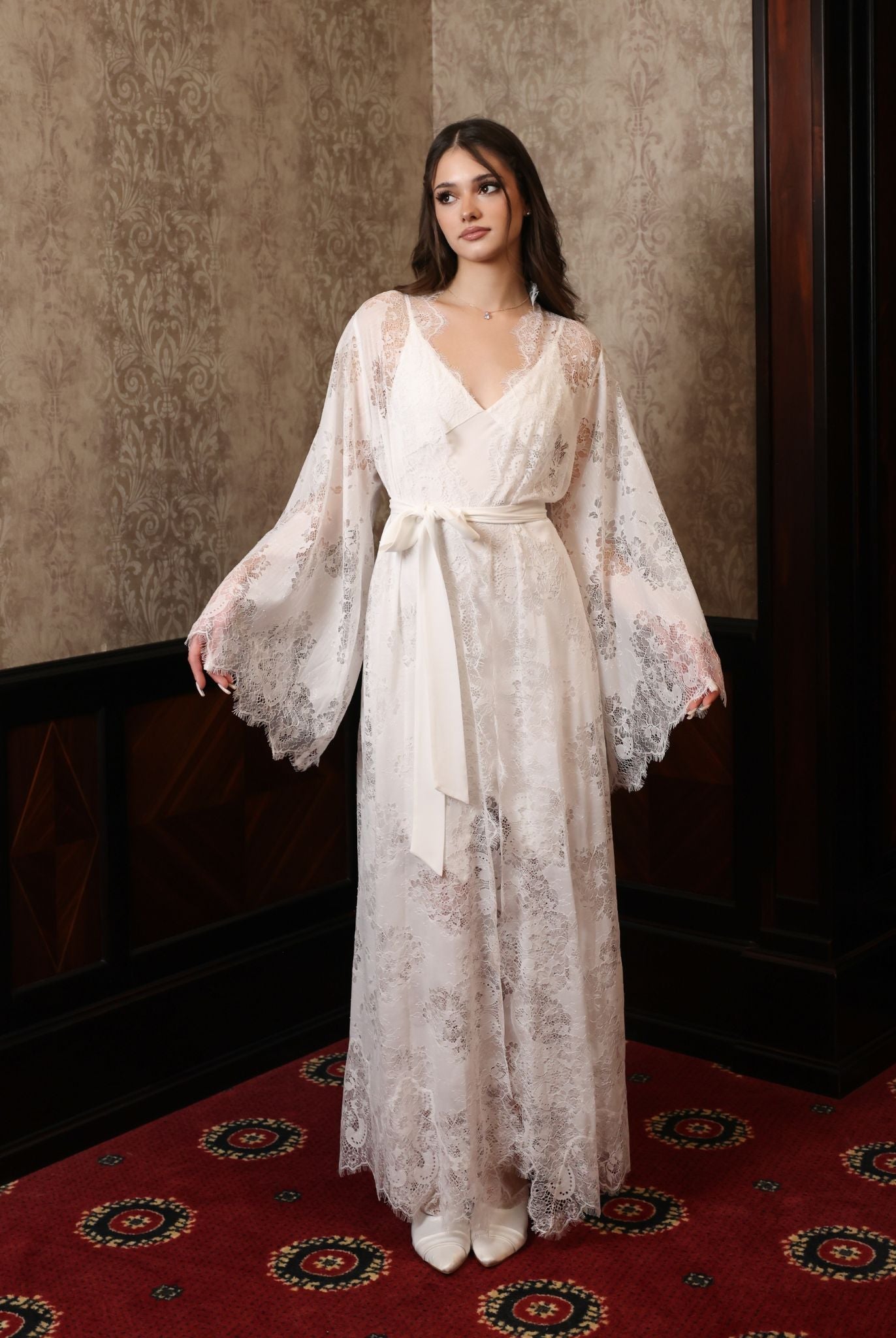 Full view of the Robe and Nightgown Set tied at the waist, ensuring a secure and sophisticated evening look.