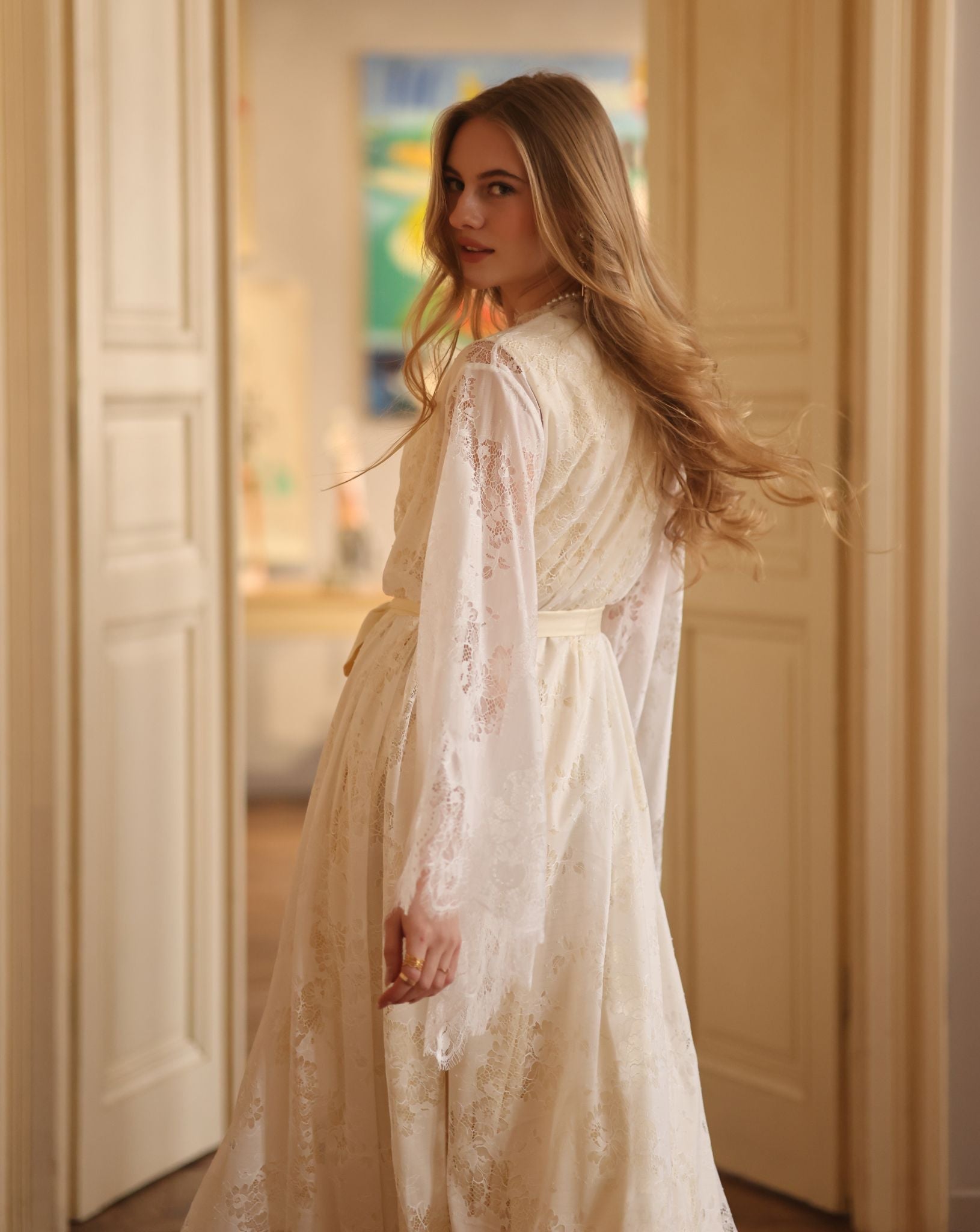 A creative side perspective capturing the graceful movement and the soft, breathable nature of the cotton nightgown.