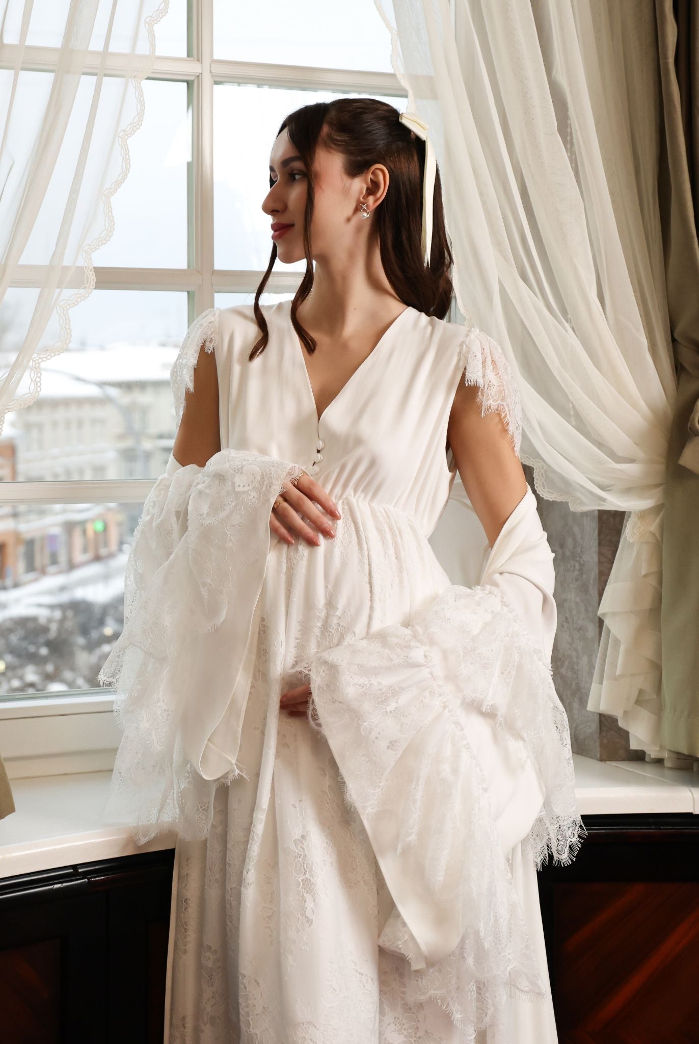 A mid-length atmospheric shot of the ensemble, focusing on the calm and modest beauty of the design.