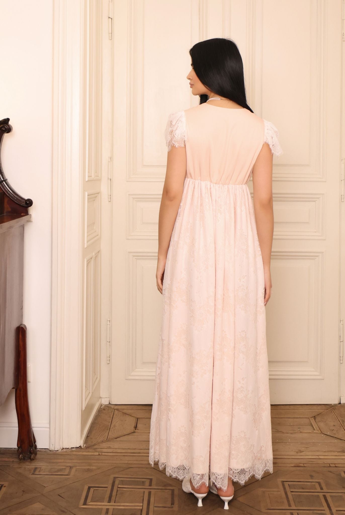 Rear perspective of the floor-length nightgown
