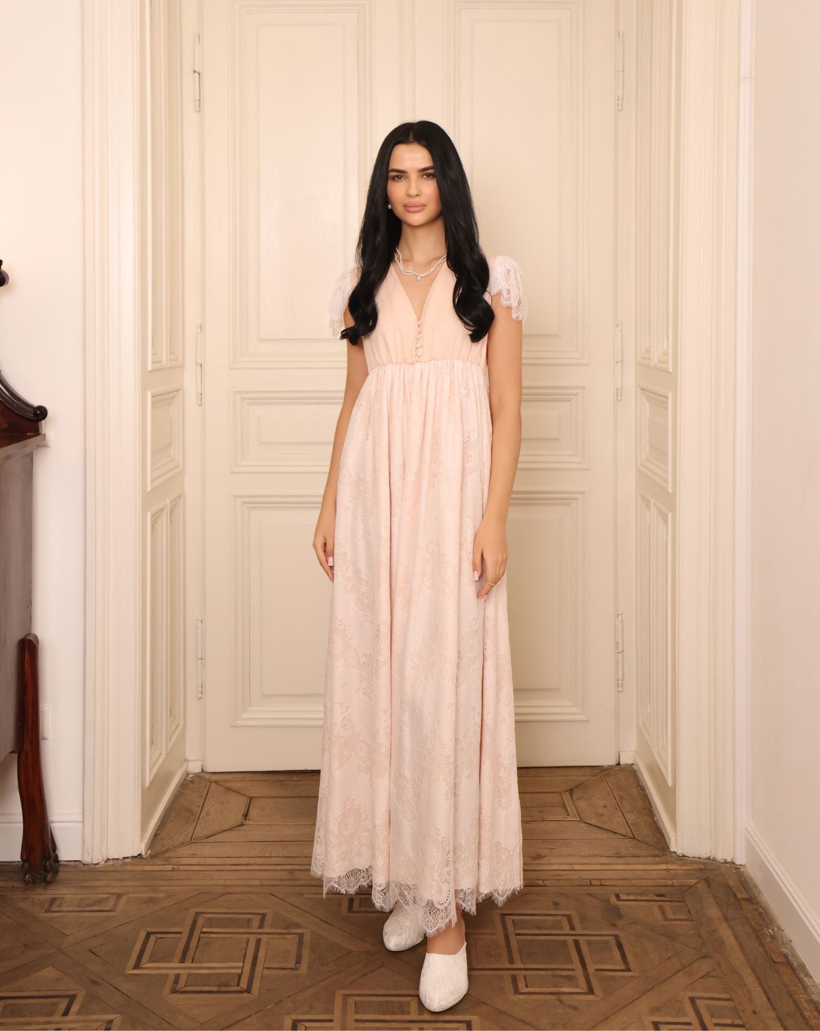 Full-height shot of the Cotton Robe and Nightgown Set nightdress, highlighting the lace shoulders and tiered skirt.