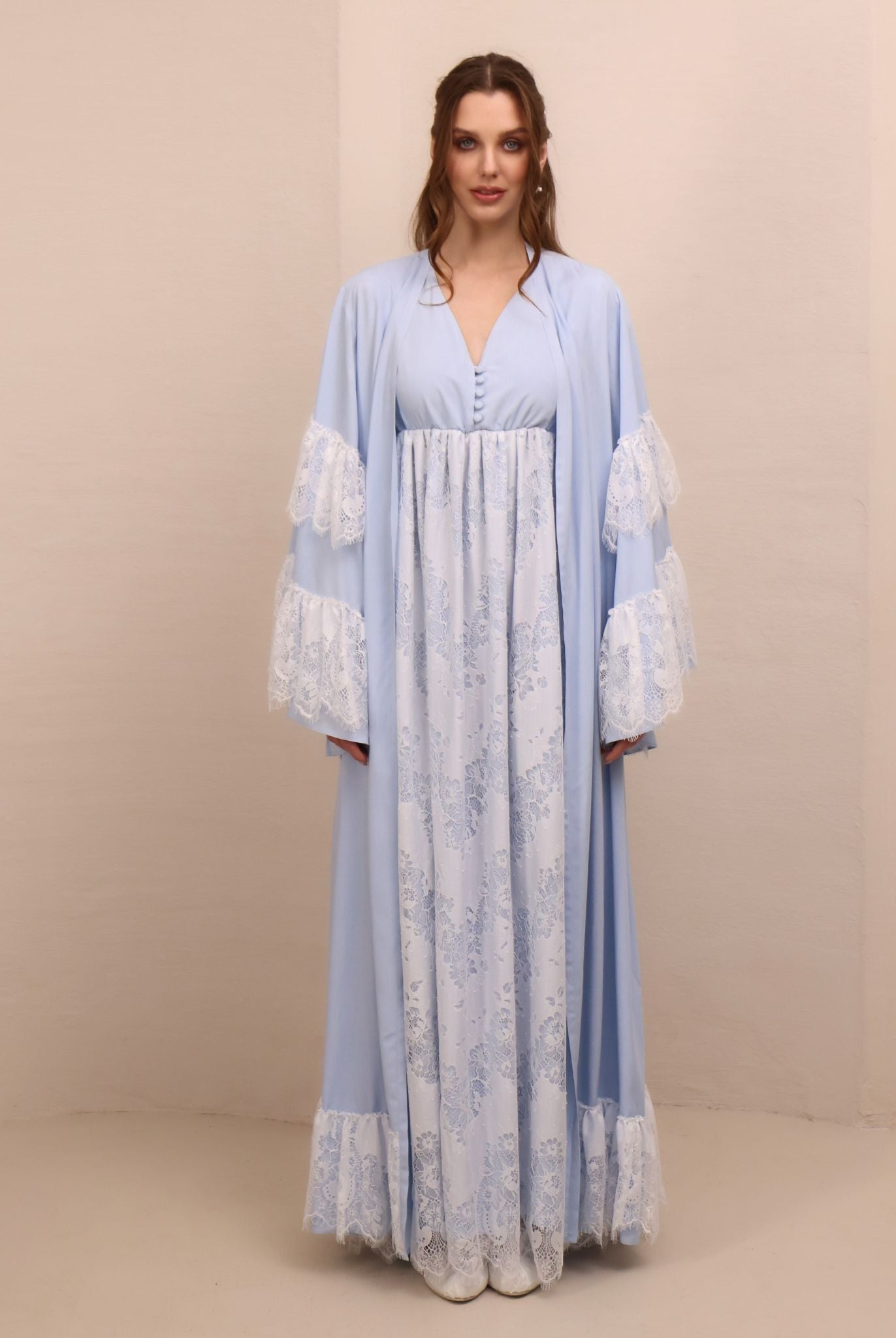 A serene static view of the Cotton Robe and Nightgown Set, showcasing its timeless refinement and modesty.