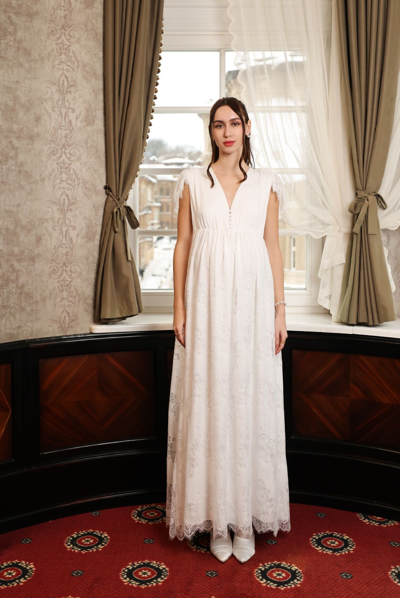 Frontal view of the A-line nightgown, featuring lace-trimmed shoulders and gathered waist for a breathable fit.