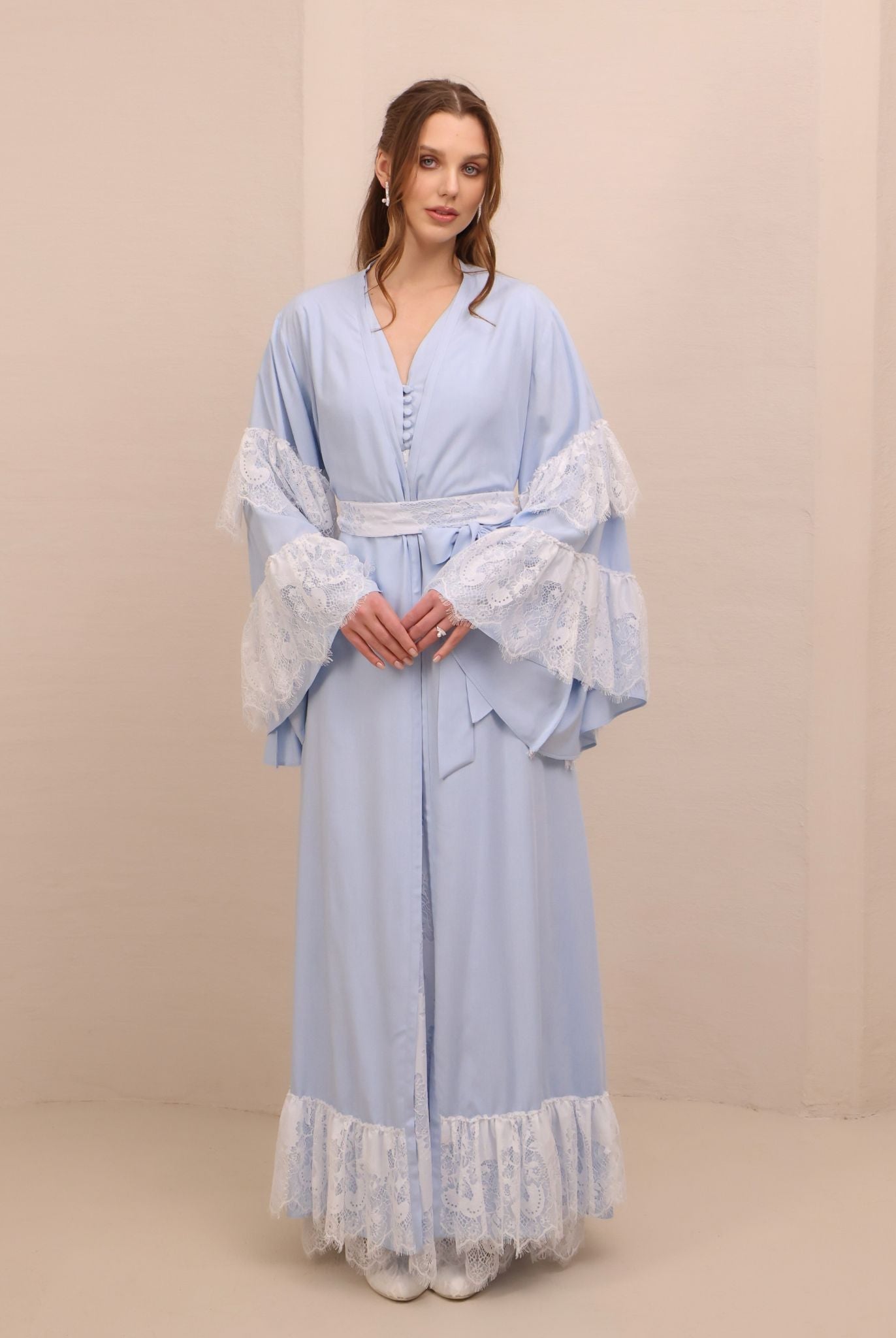 A poised frontal shot of the Cotton Robe and Nightgown Set tied with a belt, capturing its ethereal finish.