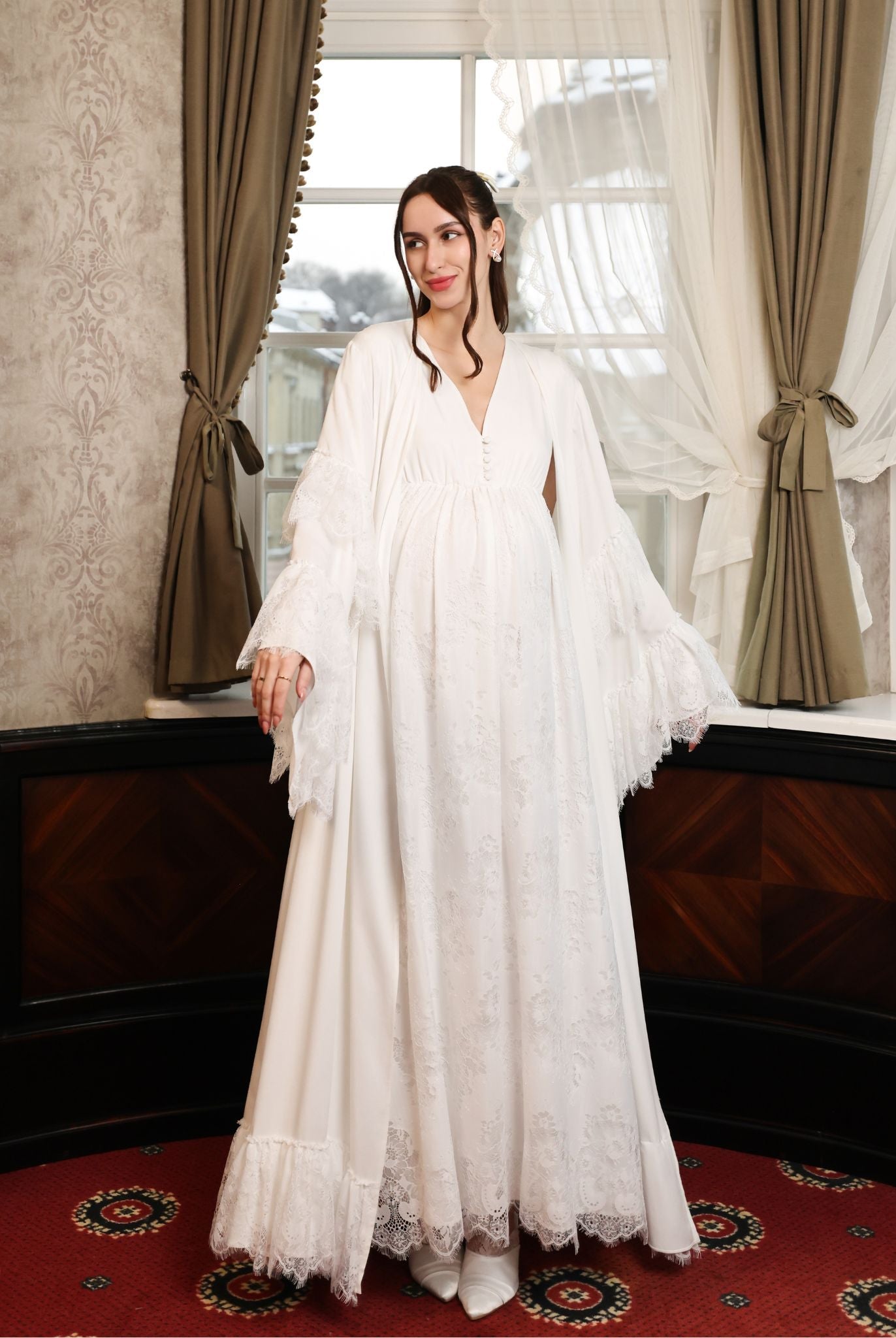 A full-length static pose in the complete ensemble, representing timeless refinement and everyday wearability.