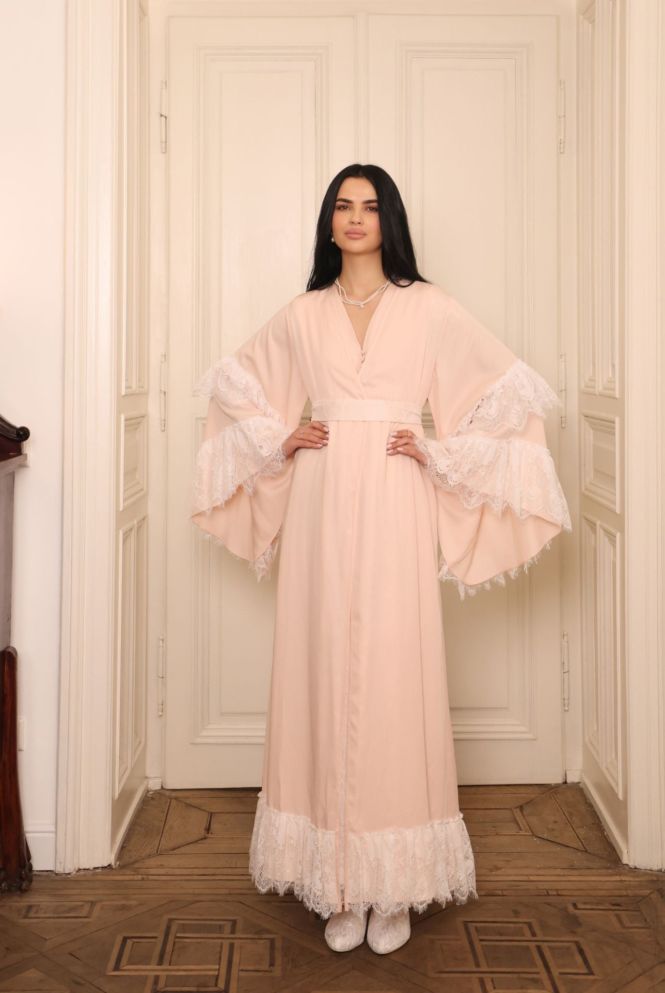 Mid-length view of the tied ensemble, focusing on the tiered bell sleeves and the soft, breathable fit of the material.