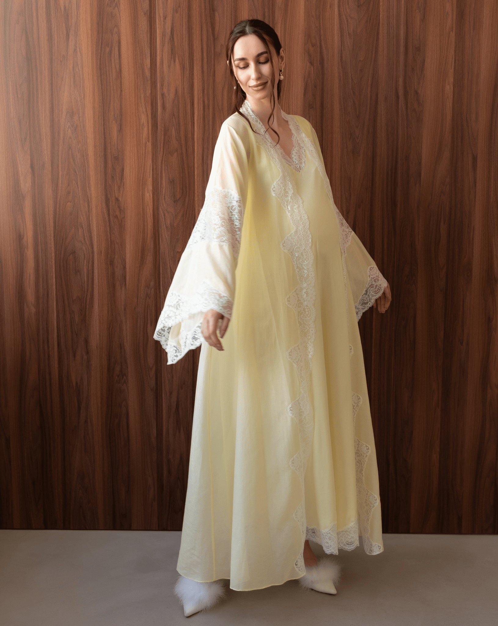 Light yellow Robe and Nightgown Set in a full-length shot, showcasing the wide flowing sleeves and soft cotton.