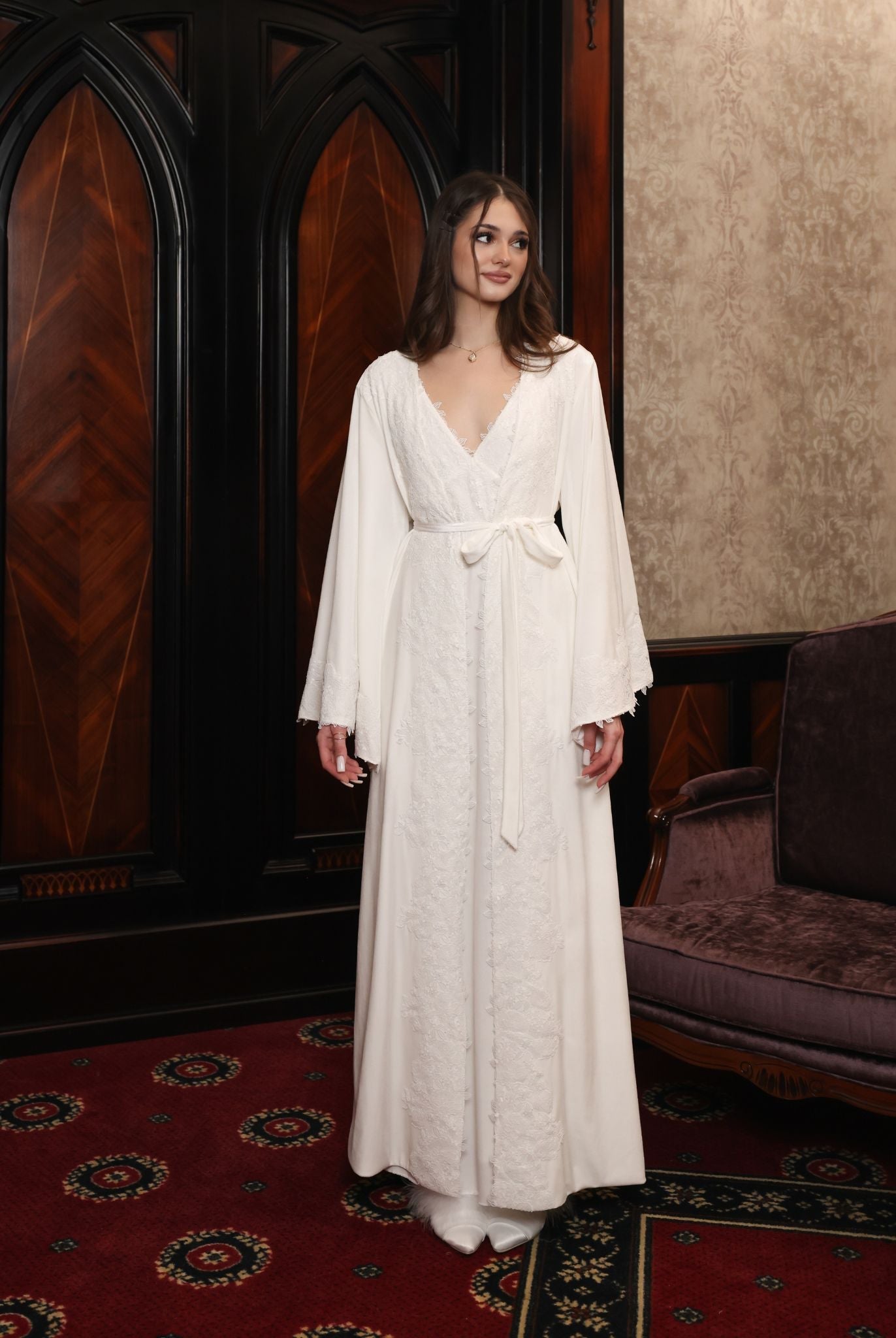Full view of the Velvet Robe tied at the waist, showcasing the regal presence and graceful weight of the fabric.