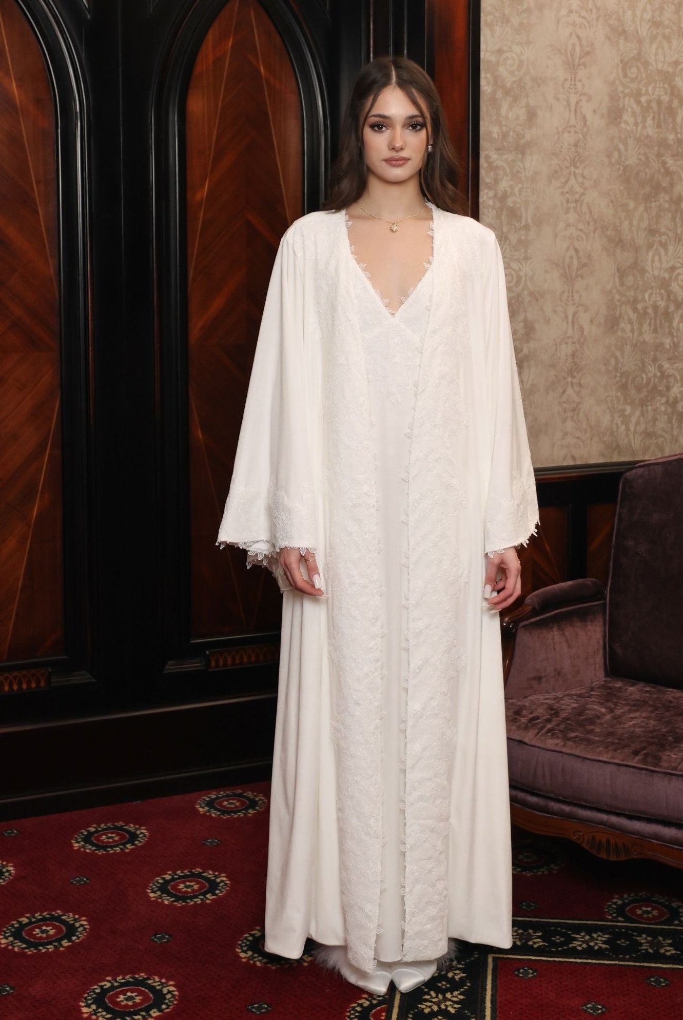 Frontal view of the two-piece set, illustrating the regal presence and high-quality materials of the attire.