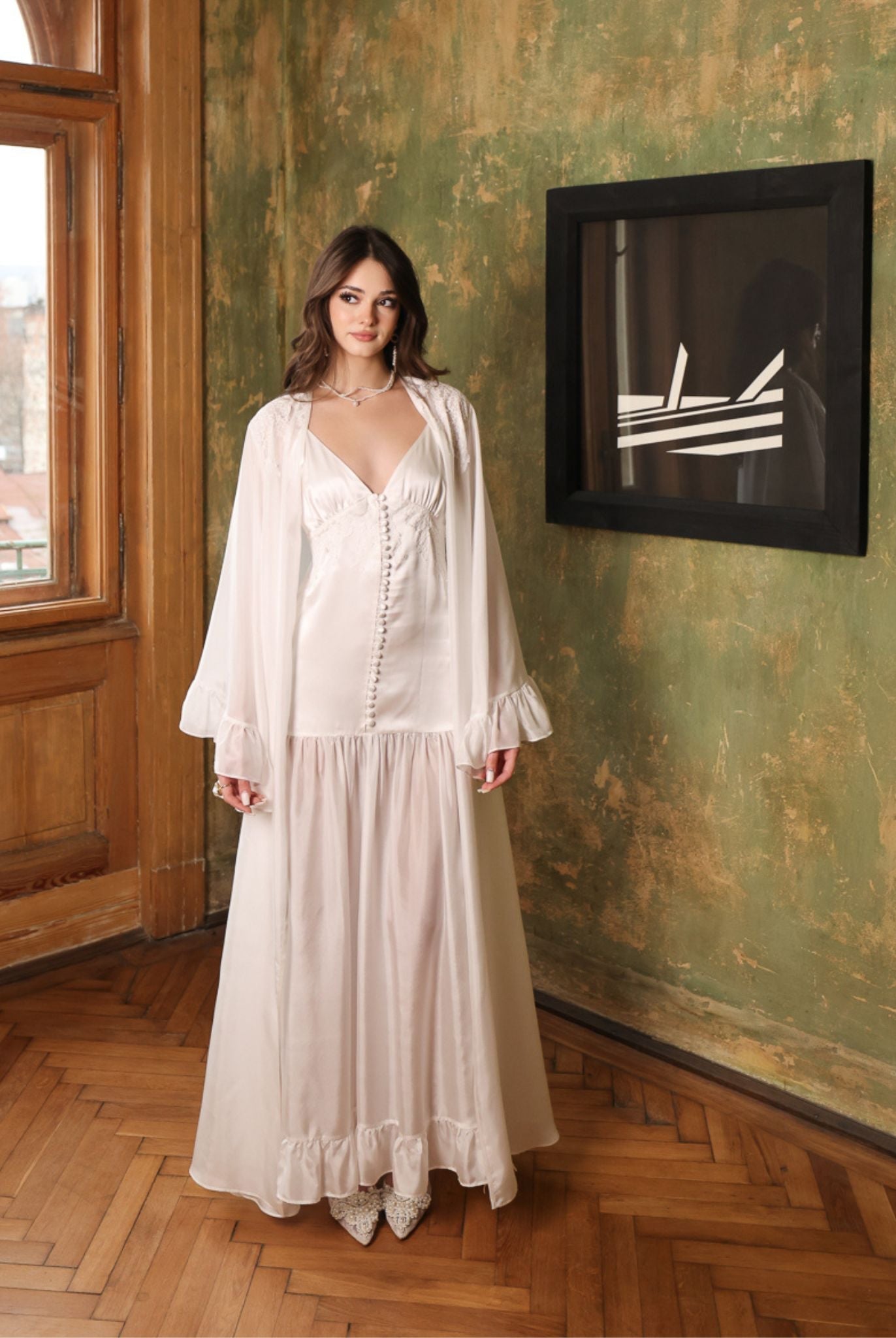 Full-length view of the Silk Robe and Nightgown Set, cinched at the waist for a sophisticated home or bridal look.