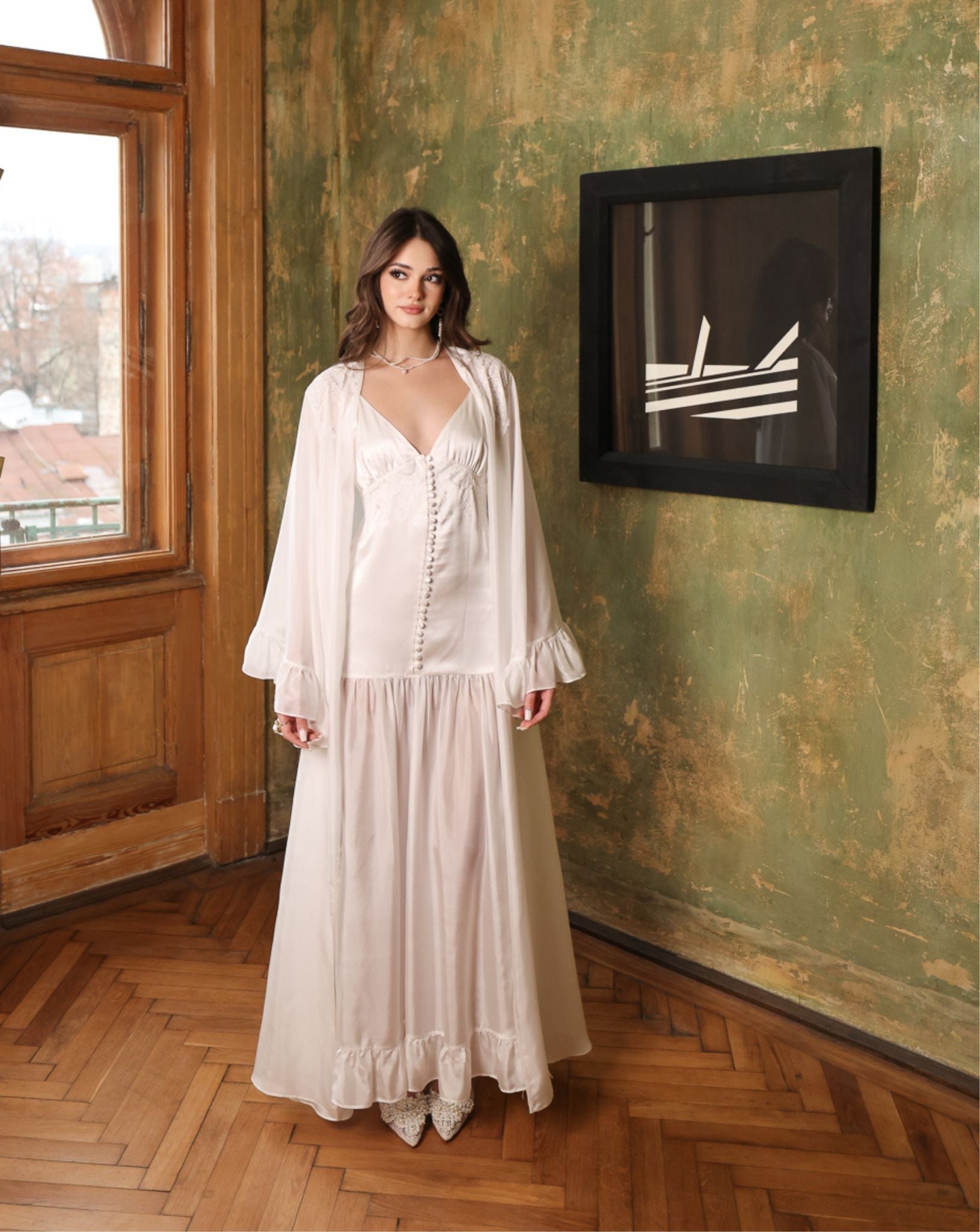 Full-length view of the Silk Robe and Nightgown Set, cinched at the waist for a sophisticated home or bridal look.