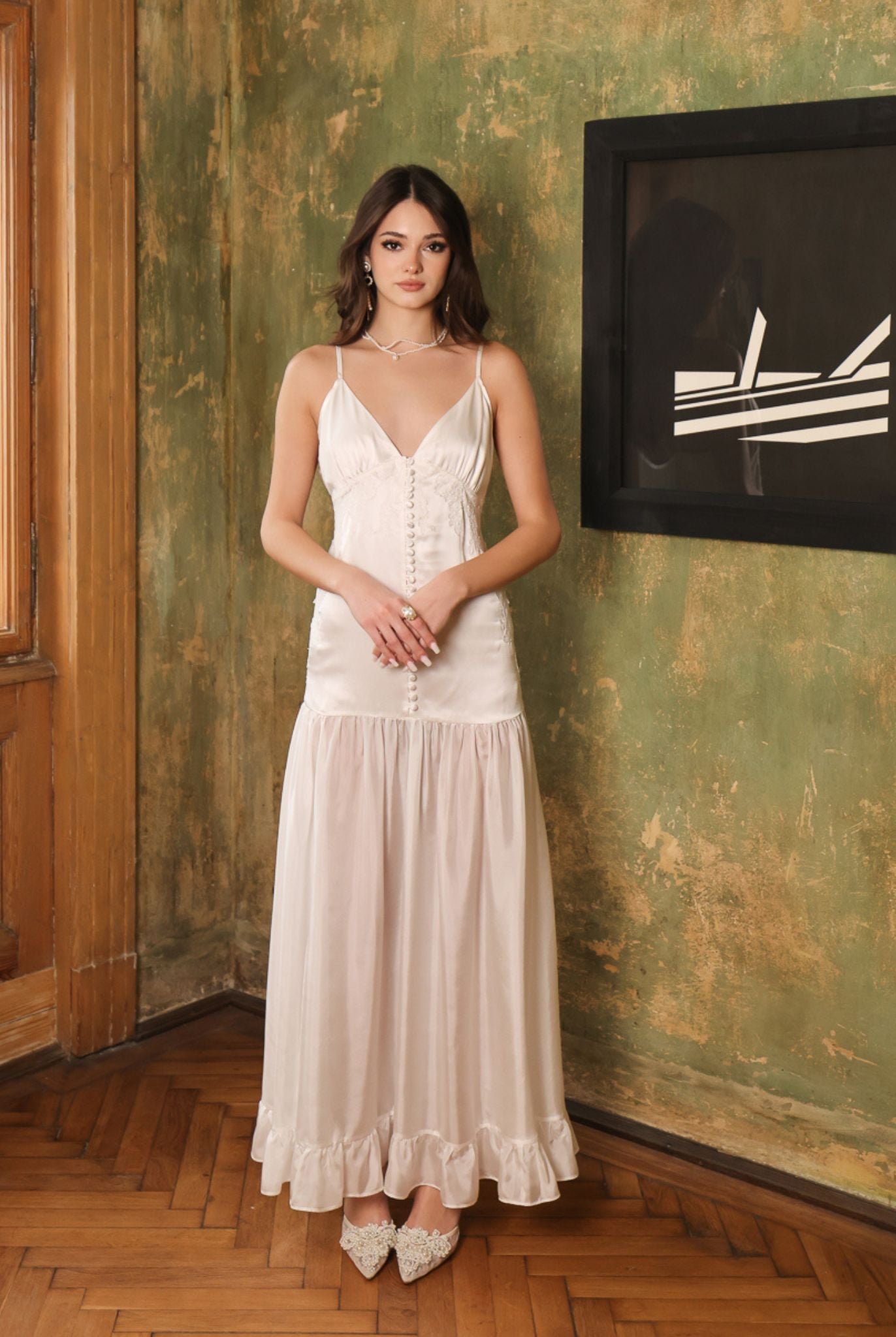 Front view of a white Silk Robe and Nightgown Set gown, featuring delicate gathers and a sensual side slit.