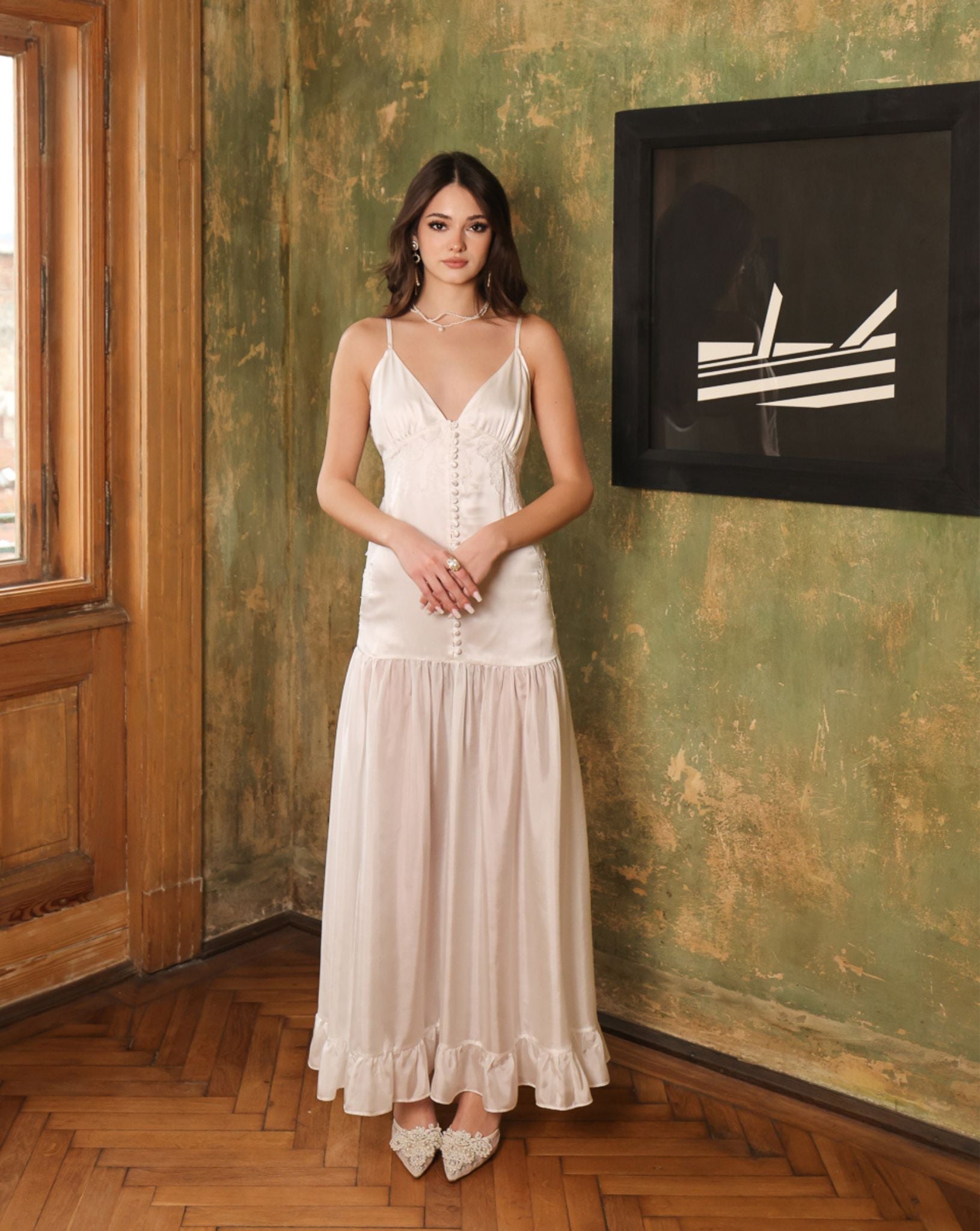 Front view of a white Silk Robe and Nightgown Set gown, featuring delicate gathers and a sensual side slit.