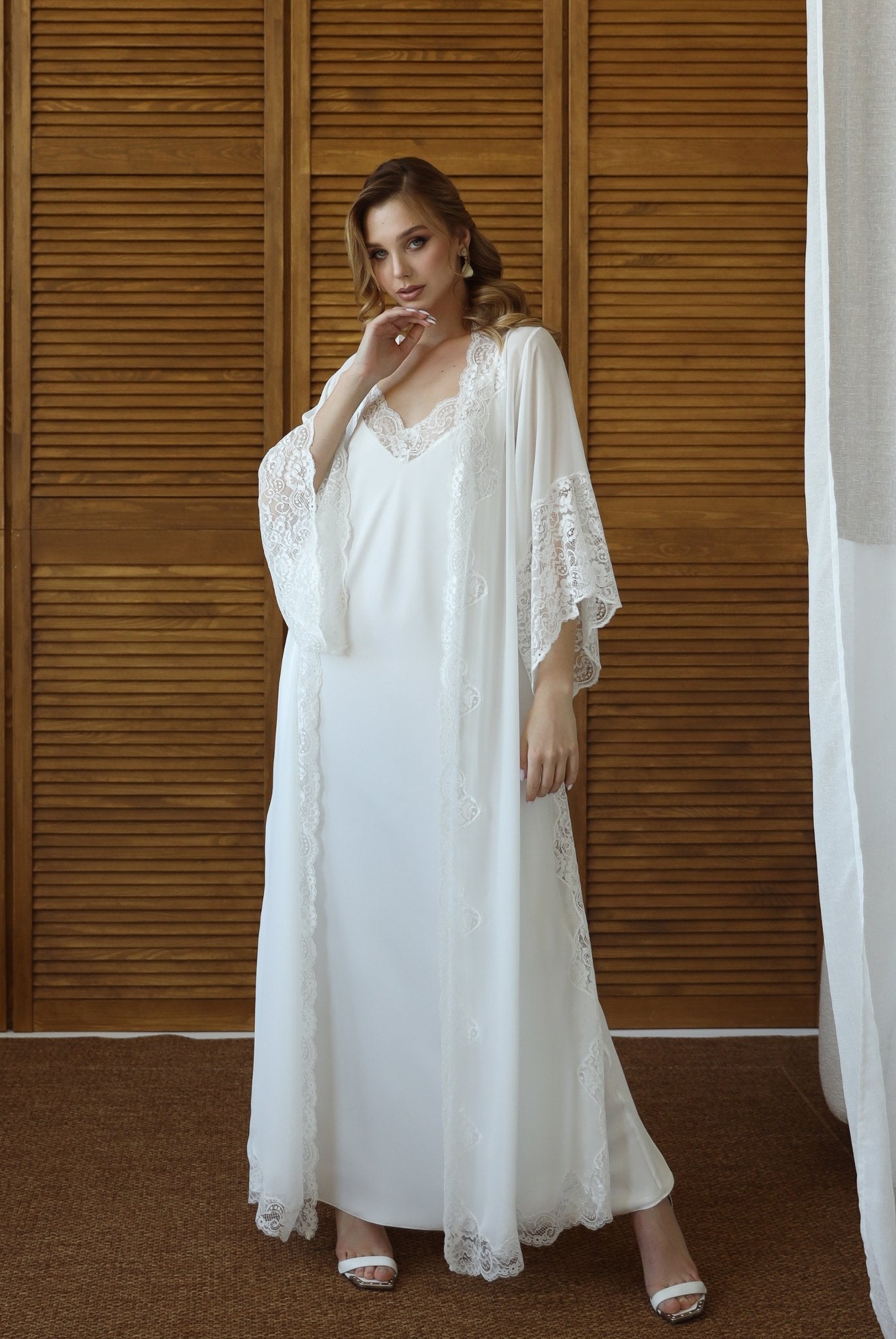 White bridal robe and nightgown set with lace trim – full-length view
