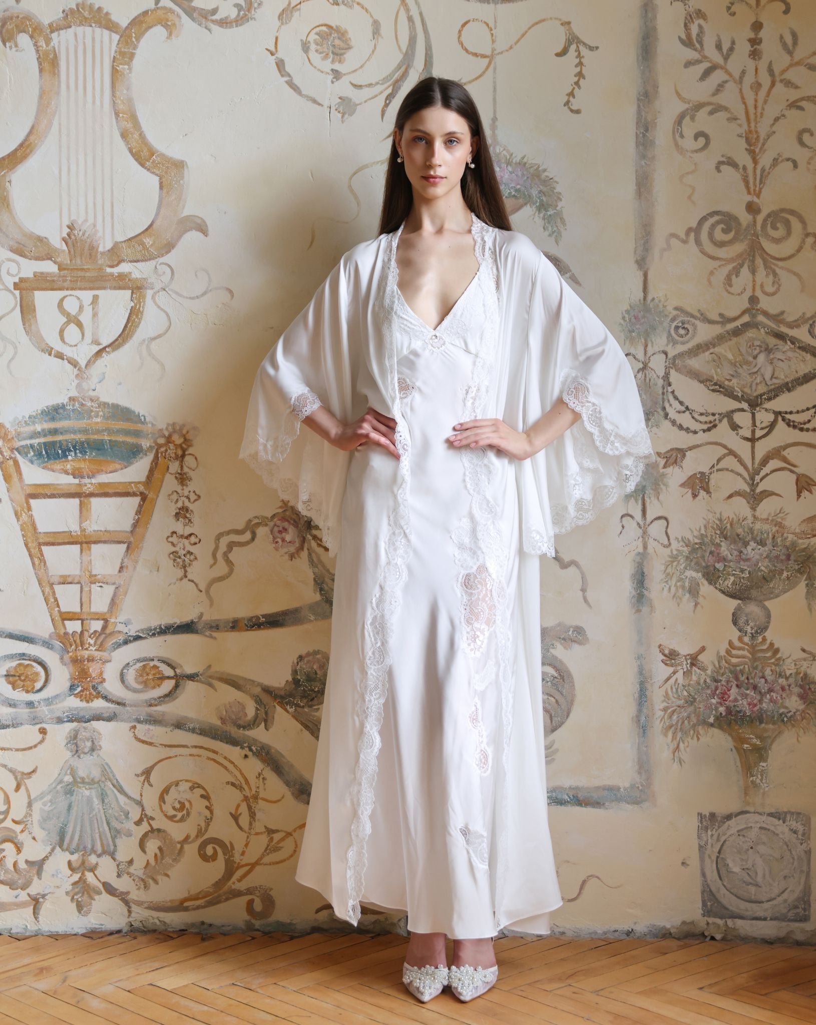 Full-length static view of the Blossom ensemble, highlighting the elegant wrap-over robe and matching lace-trimmed gown.