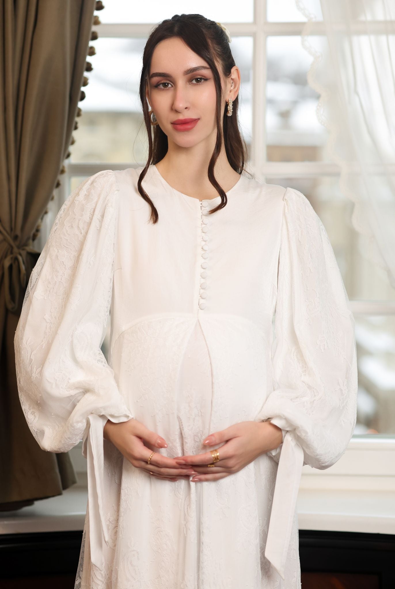 Mid-length shot of the Modest Lounge Dress, focusing on the sleeves fully embellished with soft, romantic lace.