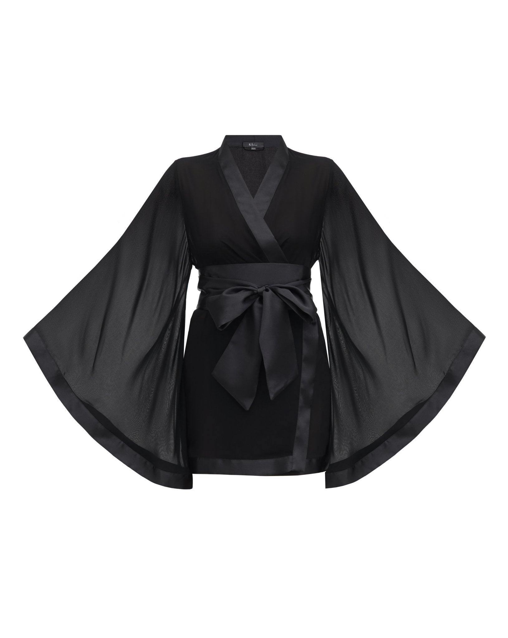 Black sheer kimono robe with wide sleeves and tie belt – Kafemme