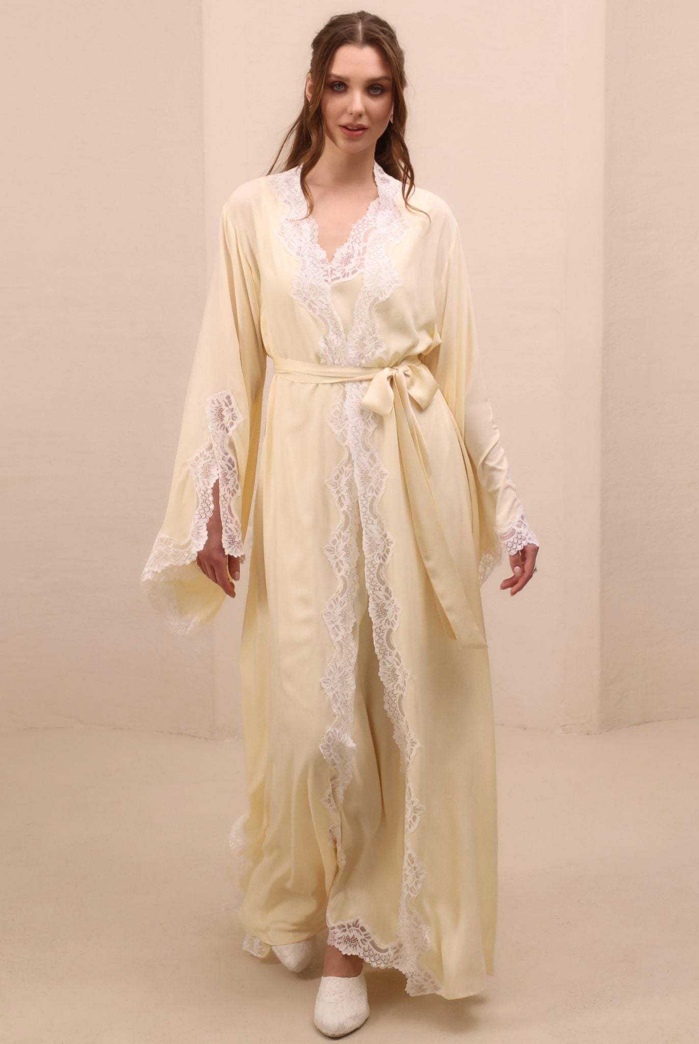 A dynamic shot of the tied Robe and Nightgown Set, illustrating a refined, romantic effect with every step.