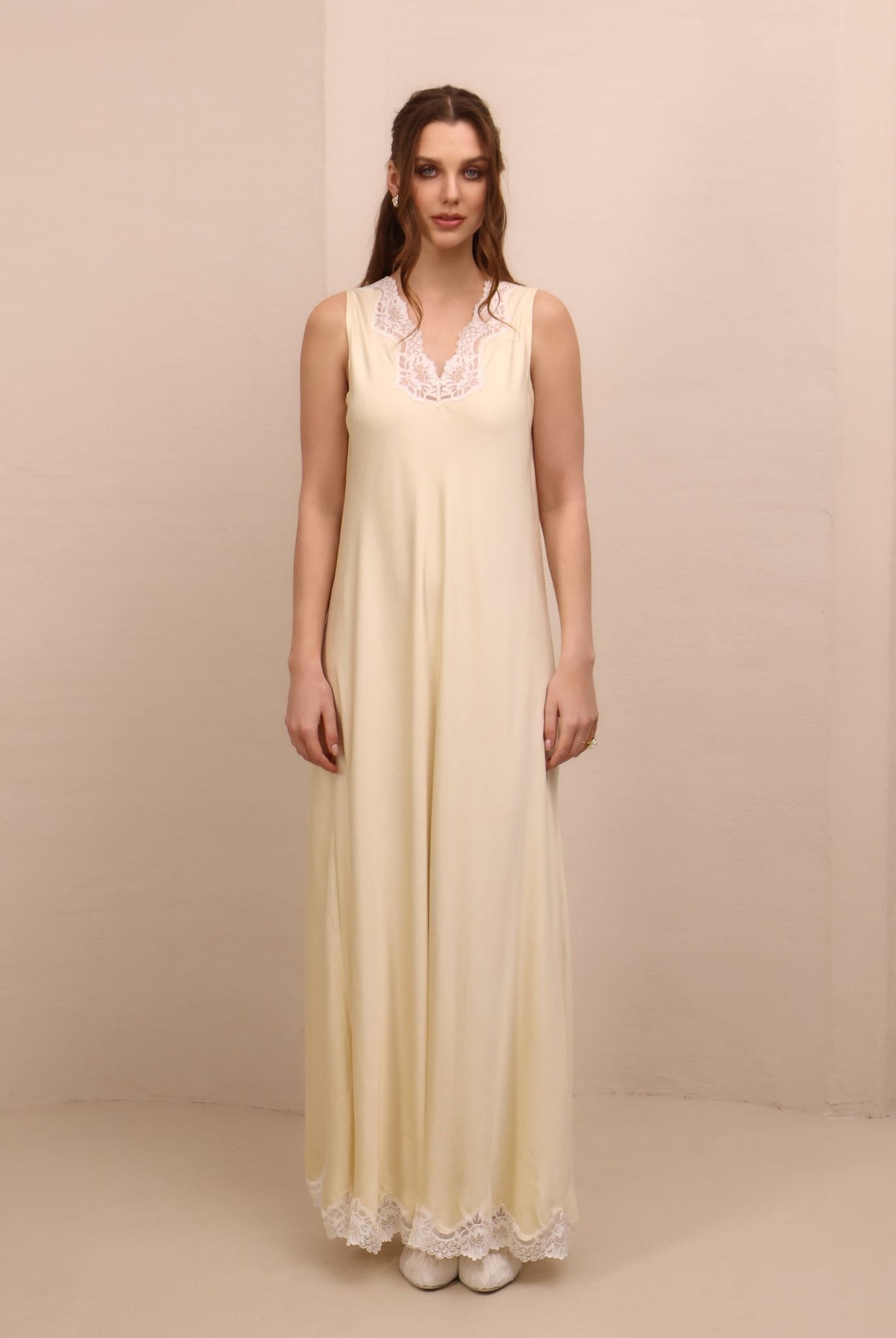Frontal view of the wide and comfortable nightgown, showcasing the soft drape and breathable, feminine silhouette.