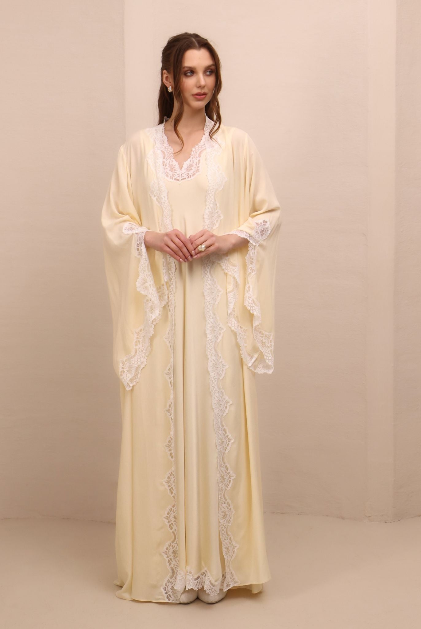 A serene static view of the open ensemble, highlighting the lightweight chiffon and exquisite lace detailing.