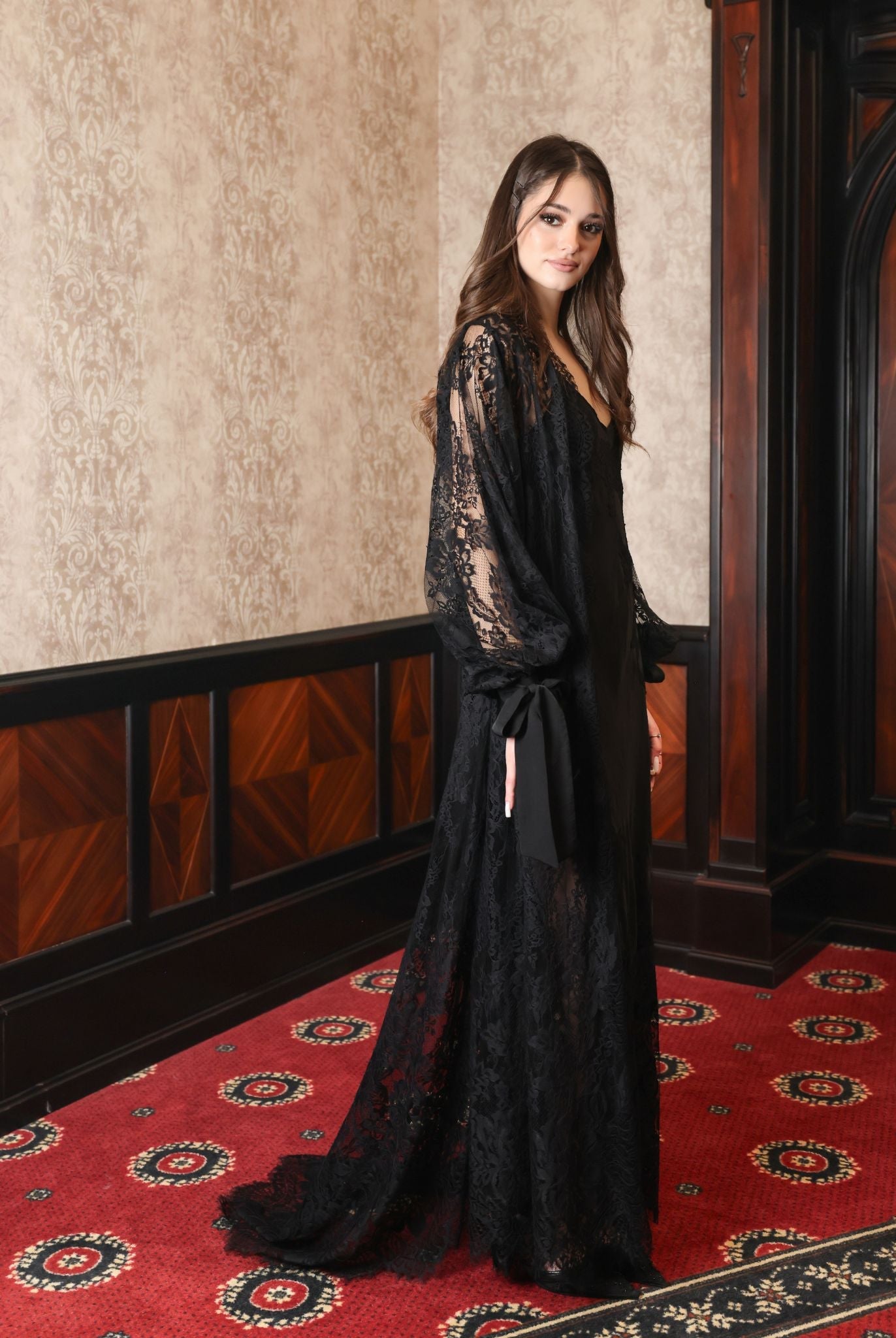 A side perspective of the Robe and Nightgown Set, highlighting the elegant silhouette and delicate lace artistry.