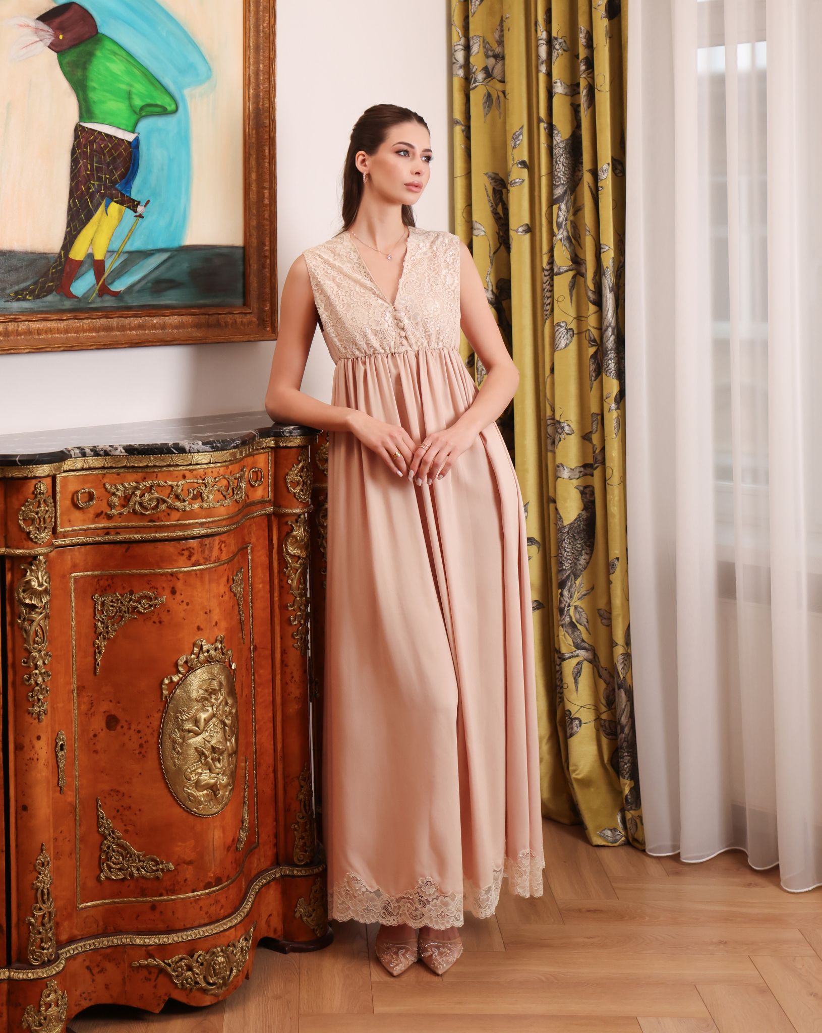 Frontal shot of the nightdress, featuring small reachable buttons on the floral lace bodice for easy nursing access.