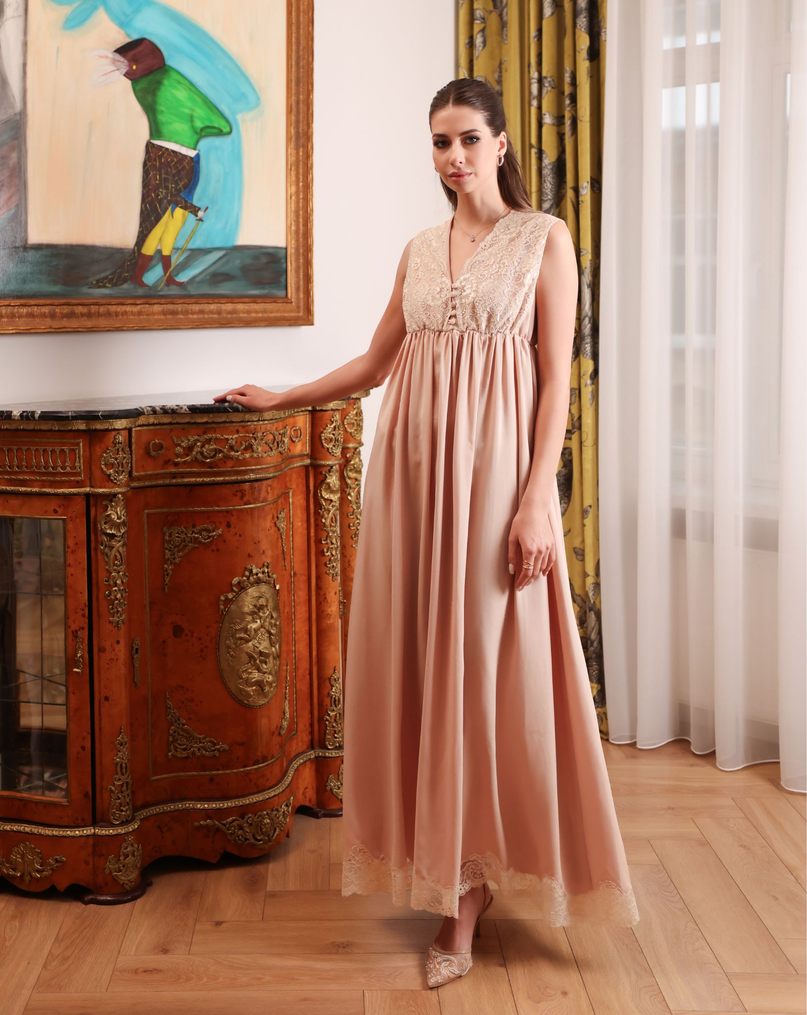 Side view of the cotton nightgown, illustrating the loose fit that allows for movement without any restriction.