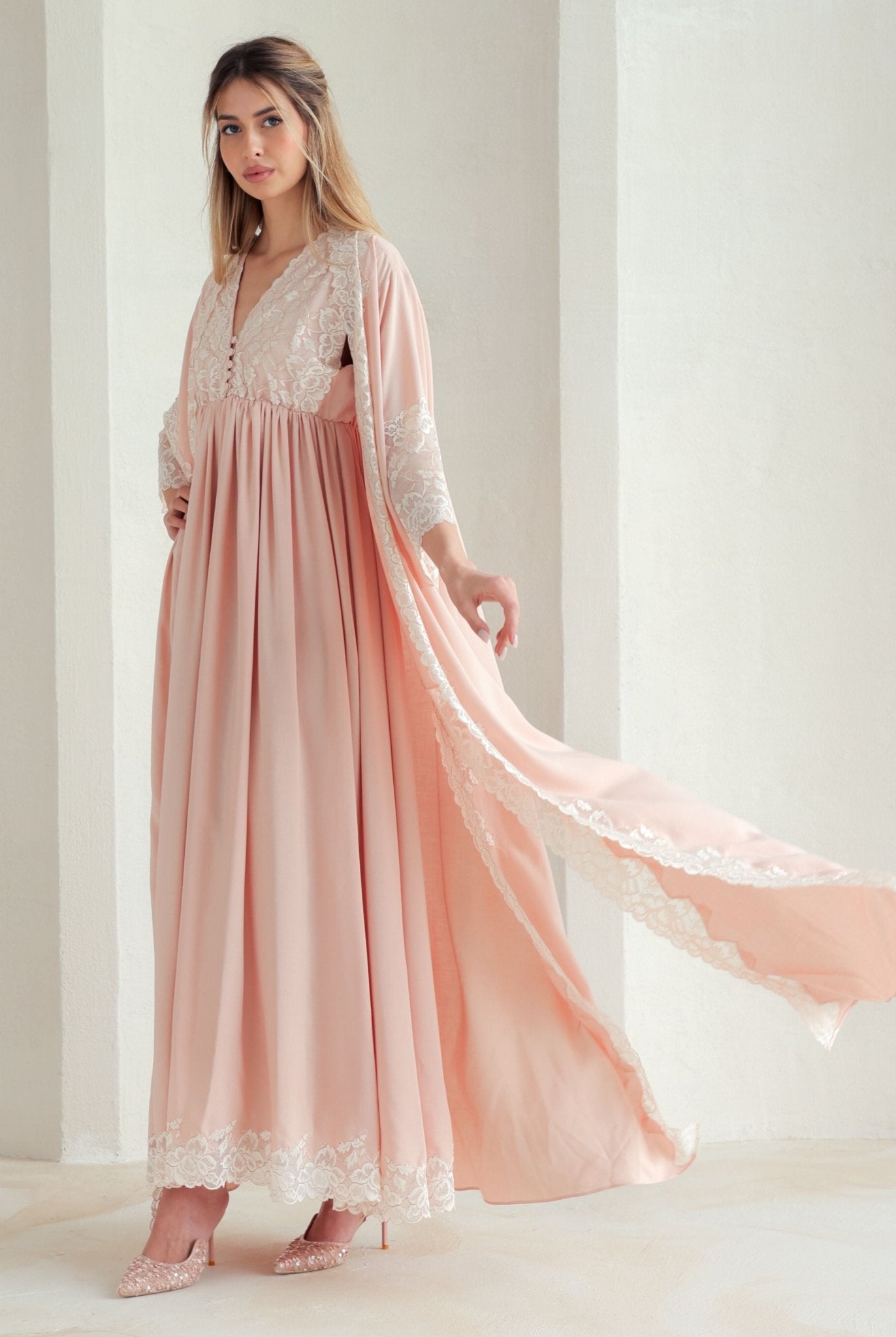 A dynamic view of the Robe and Nightgown Set, capturing the flowing movement of the breathable cotton-viscose fabric.