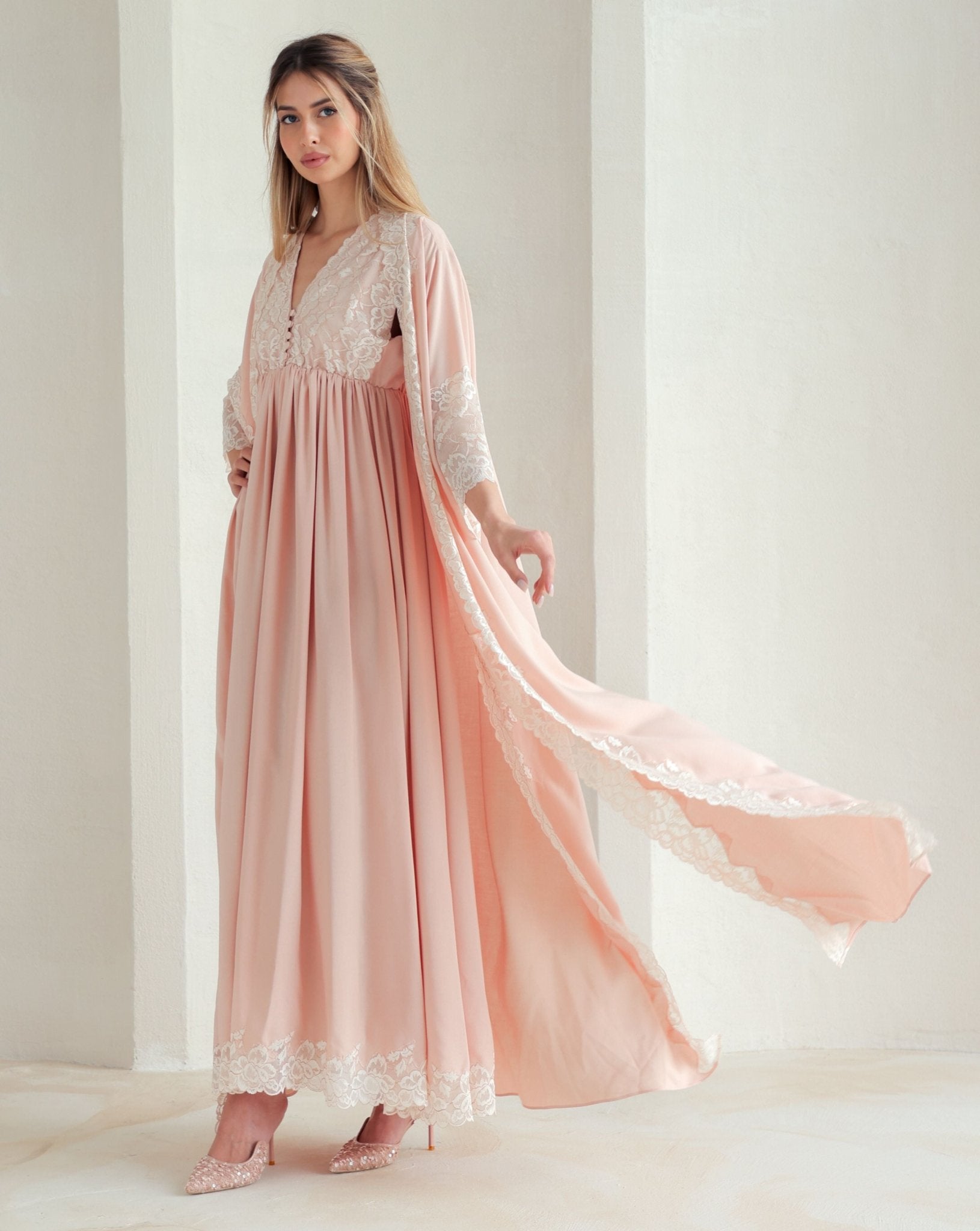 A dynamic view of the Robe and Nightgown Set, capturing the flowing movement of the breathable cotton-viscose fabric.