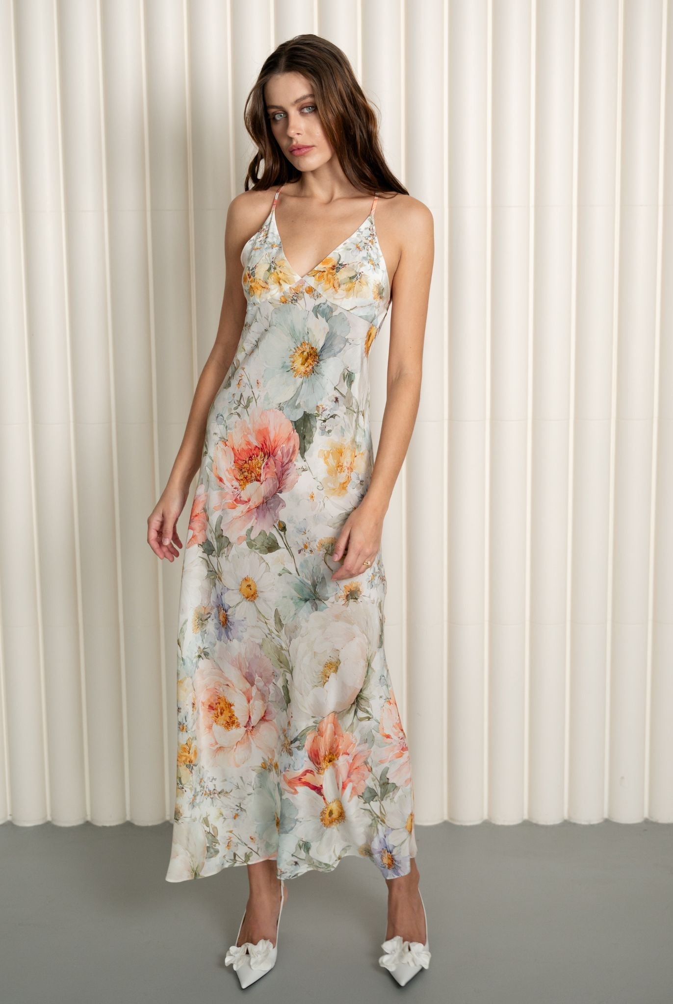 Front view of silk nightgown in delicate floral print