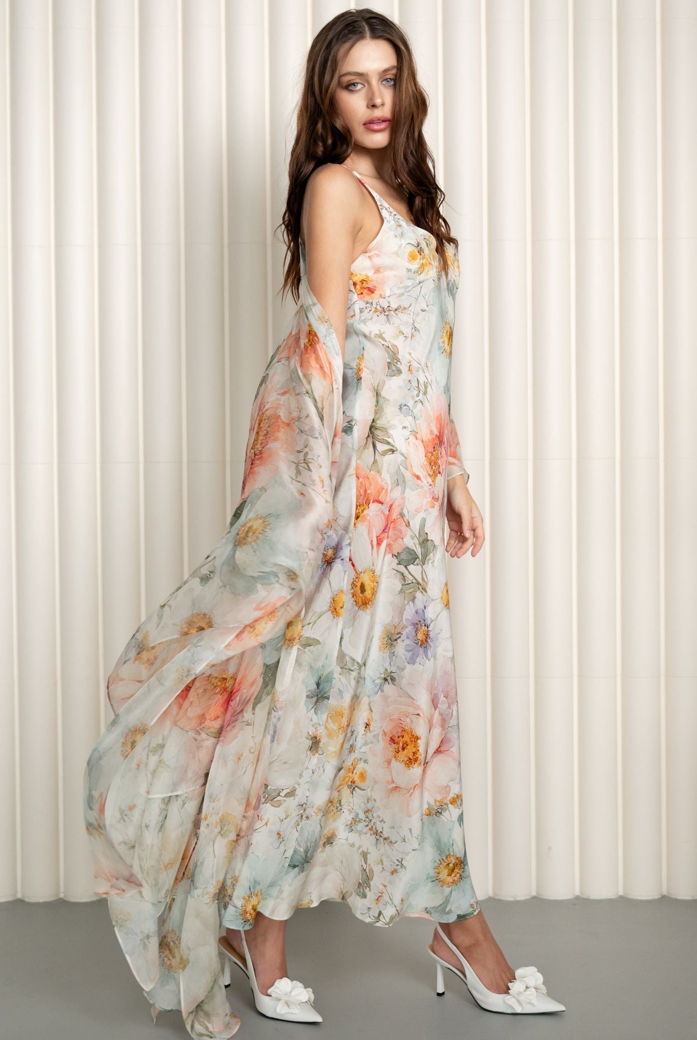 Floral silk robe and nightgown set in soft pastel tones