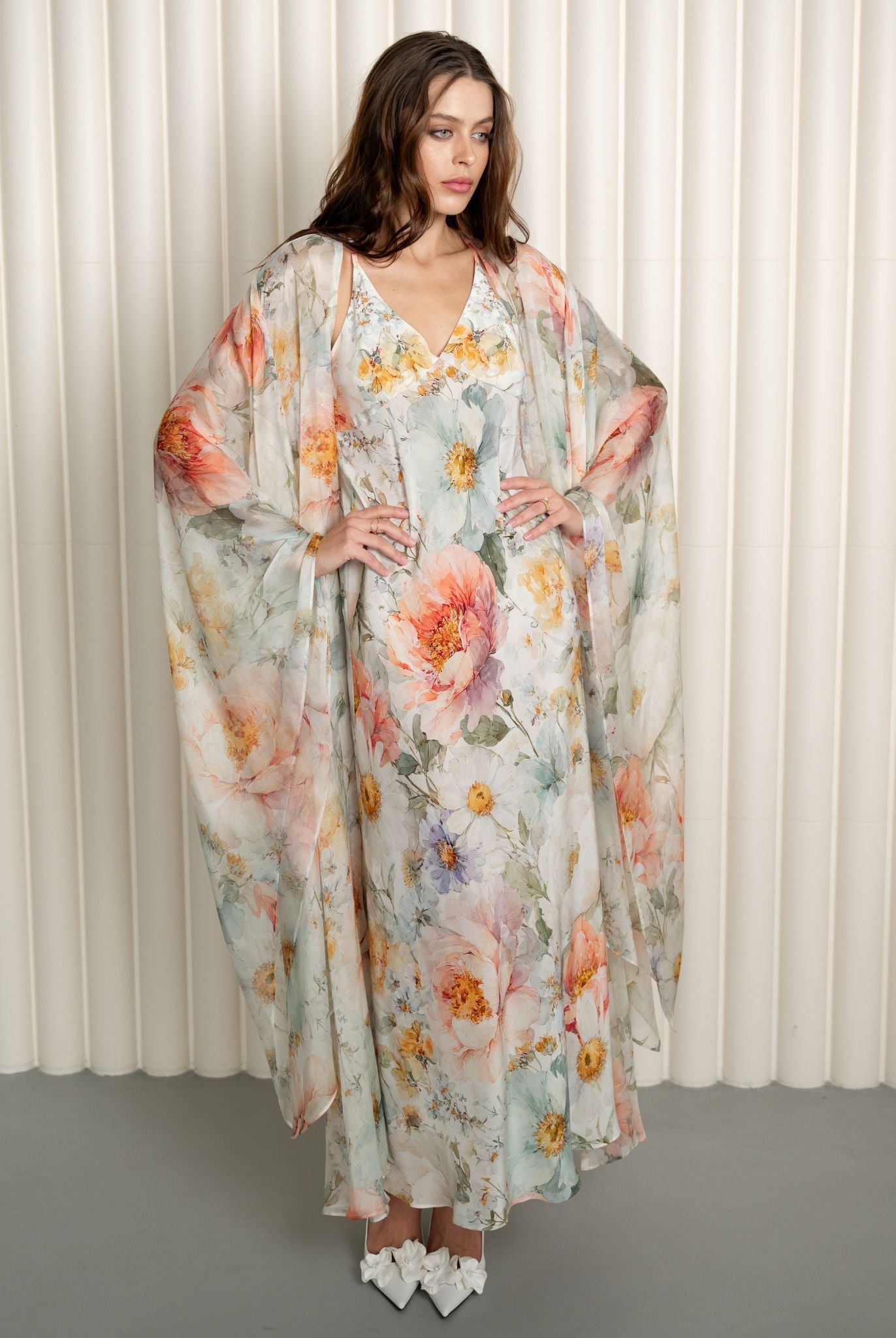 Softly layered floral silk robe and nightgown set ensemble